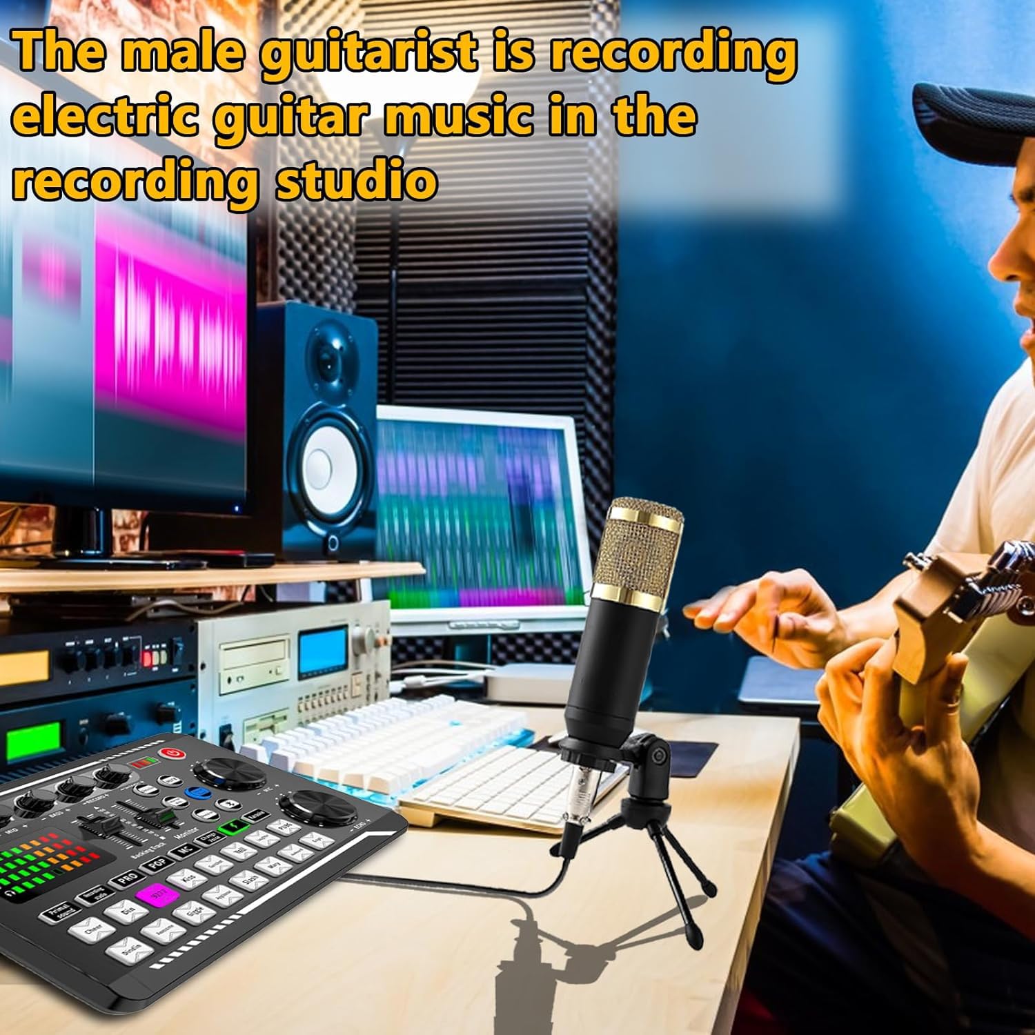 Mesa Mezclas DJ, Paquete de equipo de podcast, micrófono condensador con trípode y mezclador de audio profesional
