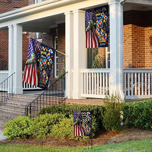Miniatura 6 de FLAGWIX Bandera estadounidense con texto en inglés "You Never Walk Alone", bandera de concientización sobre el autismo, bandera de casa (29.5 x 39.5