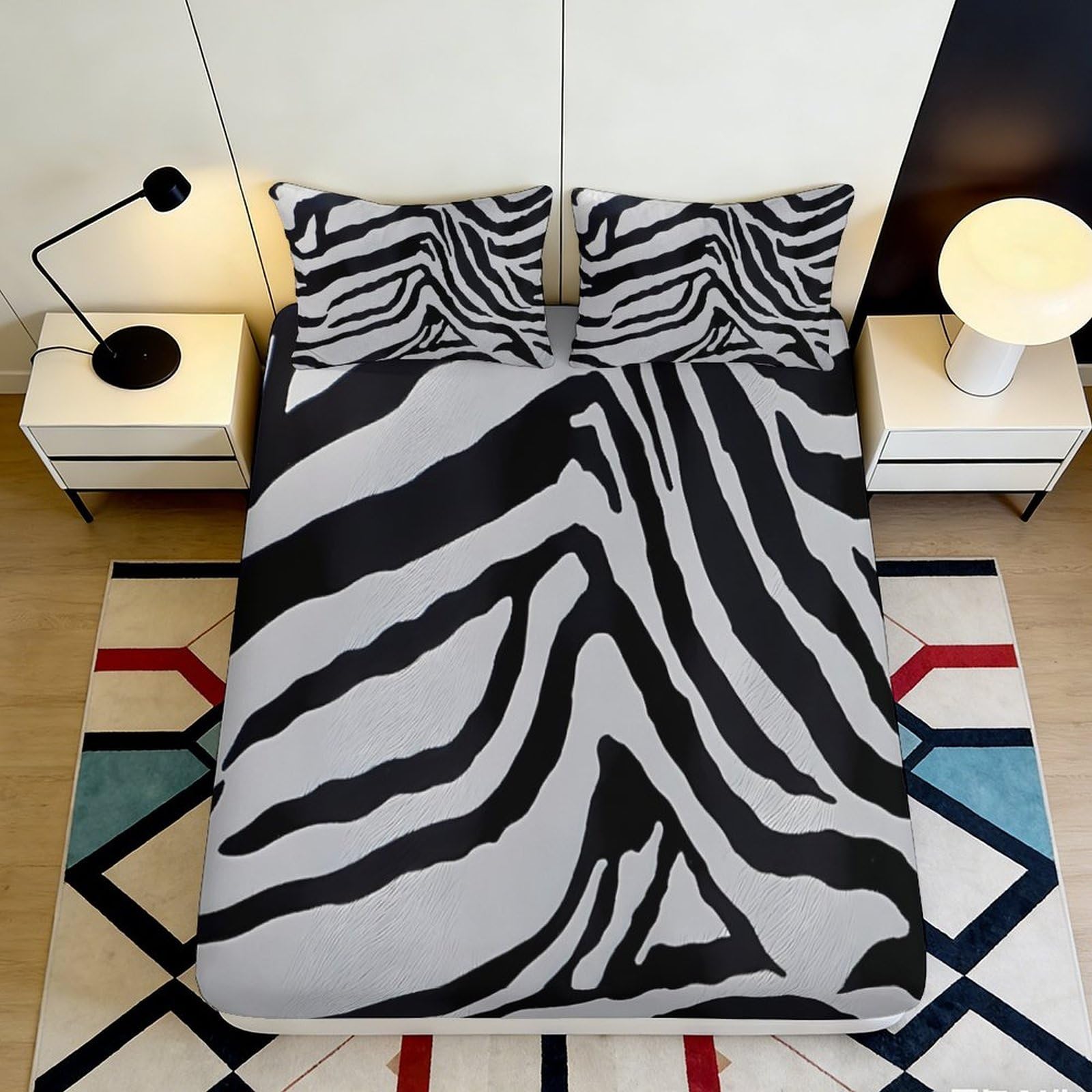 3D Printed Zebra Pattern Fitted Sheet Microfiber Deep Pocket Non-Slip Bedroom Bedding Zebra Mattress Fitted Cover for All Ages 140x200x25cm