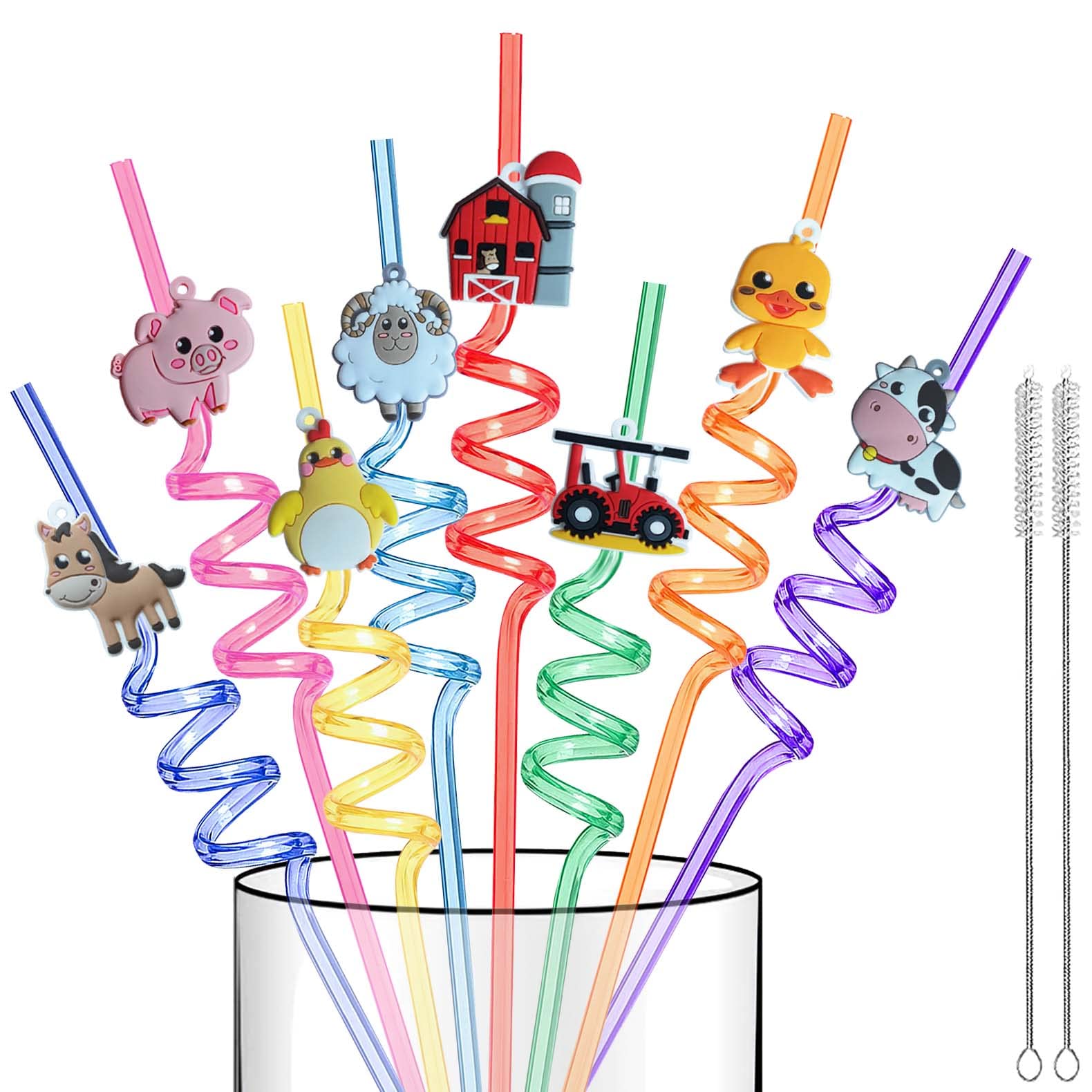 Reusable Farm Animal Birthday Party Supplies - 16 Pcs Farm Animals Plastic Drinking Straws for Kids Barnyard Birthday Party Supplies favors Chicken Sheep Cow Pig Crazy Straws Gift