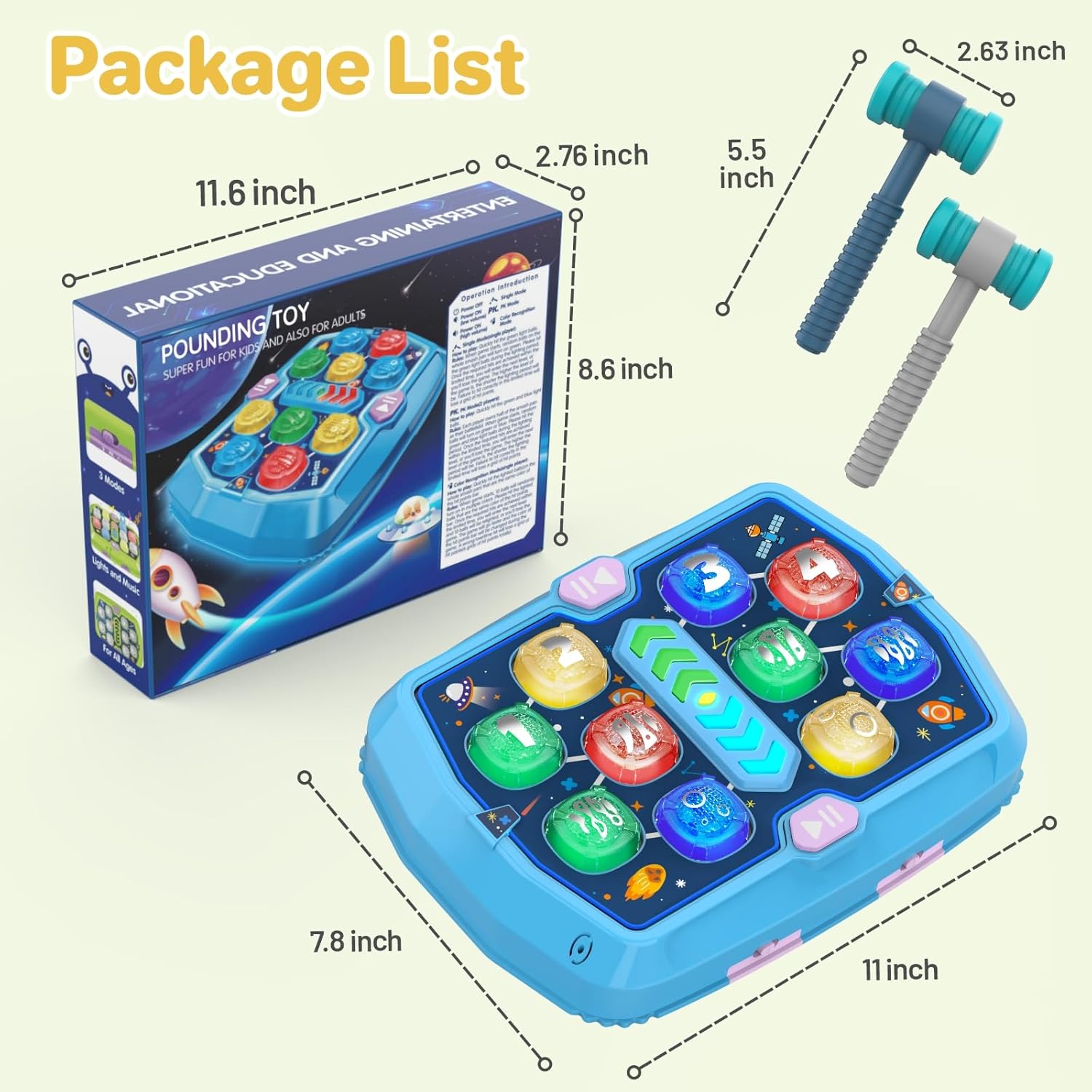 WAYKEE Whack a Game Mole, Toys for 3 4 5 6+ Year Old Boys Girls, Interactive Toddler Boy Girl Toys with 3 Modes & 2 Hammers, Sound & Light, Birthday Xmas Gifts for 3-10 Year Old Boys Girls