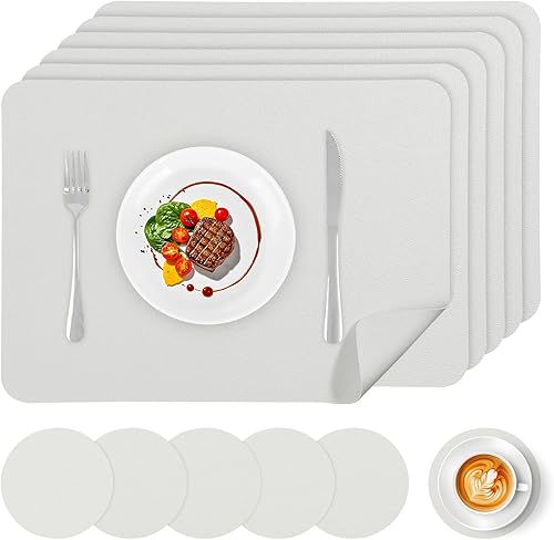 Faux Leather Placemats Set of 6, Vinyl Placemats Heat Resistant Place Mats, Waterproof Oil-Proof Wipeable Dining Table Mats and Coasters for