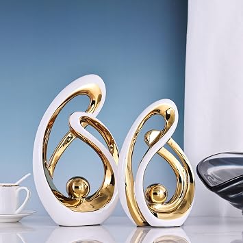 Home Decor Accent,Porcelain Art Mid Century Bookshelf Decorations,Gold Centerpieces for Tables,Abstract Ceramic Statue Sculpture for Coffee Table Mantel Tv Stand Centerpieces (White Gold, Large)