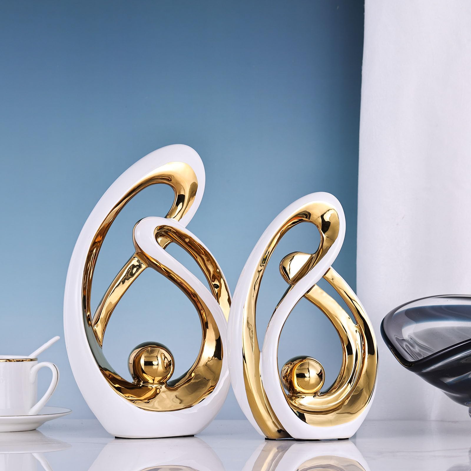 Home Decor Accent,Porcelain Art Mid Century Bookshelf Decorations,Gold Centerpieces for Tables,Abstract Ceramic Statue Sculpture for Coffee Table Mantel Tv Stand Centerpieces (White Gold - Image 4