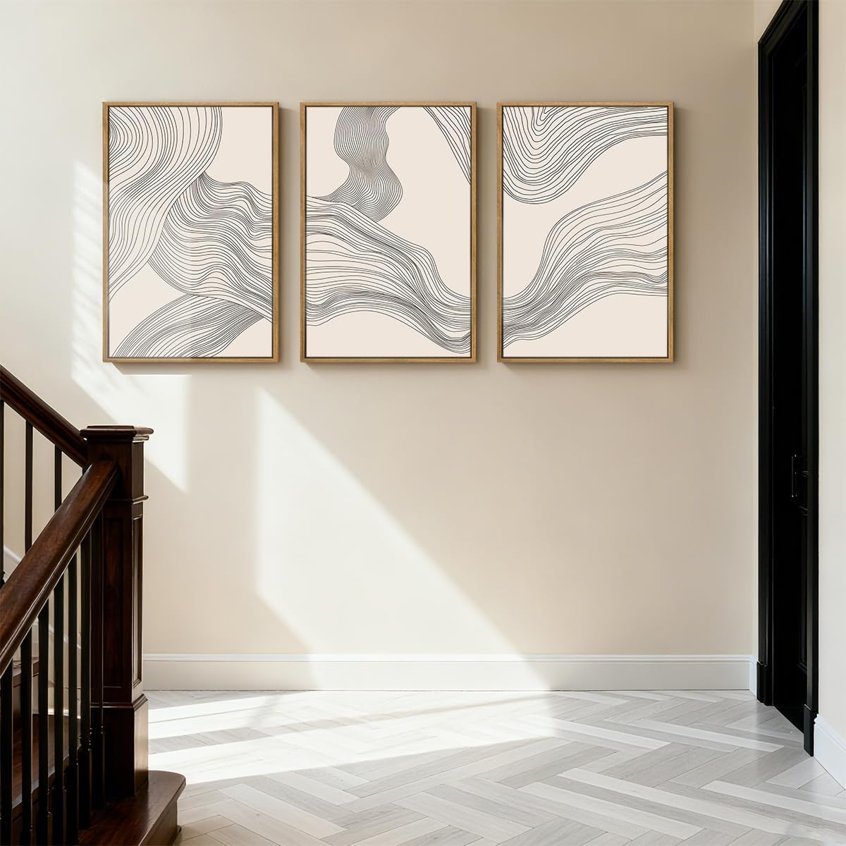 Beige Abstract Wall Art Framed Neutral Modern Canvas Wall Decor Minimalist Line Wave Painting16x24 Inch Pictures Set of 3 for Living Room Bedroom Dining Room
