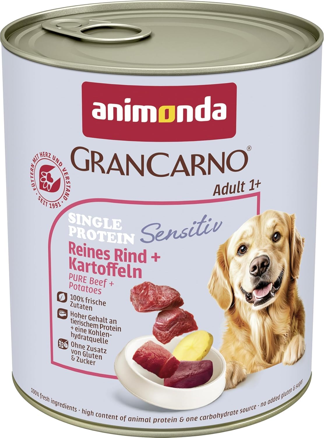Comida para perros animonda GranCarno Sensitiv Adult, comida húmeda para perros adultos, carne pura de vacuno + patatas, 6 x 800 g Sensitiv Vaca + patatas 1 unidad (Paquete de 6)