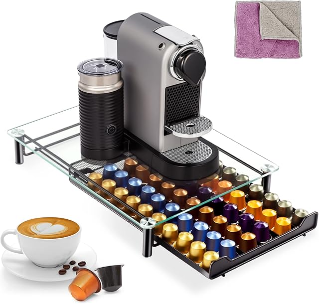 Masthome Coffee Pod Holder, 60 Dolce Gusto Pods Holders with Tempered Glass Top & Anti-Slip Feet, Capsules Organizer Storage Drawer Compatible with Tea K-Cup Pods - Send Cleaning Cloth