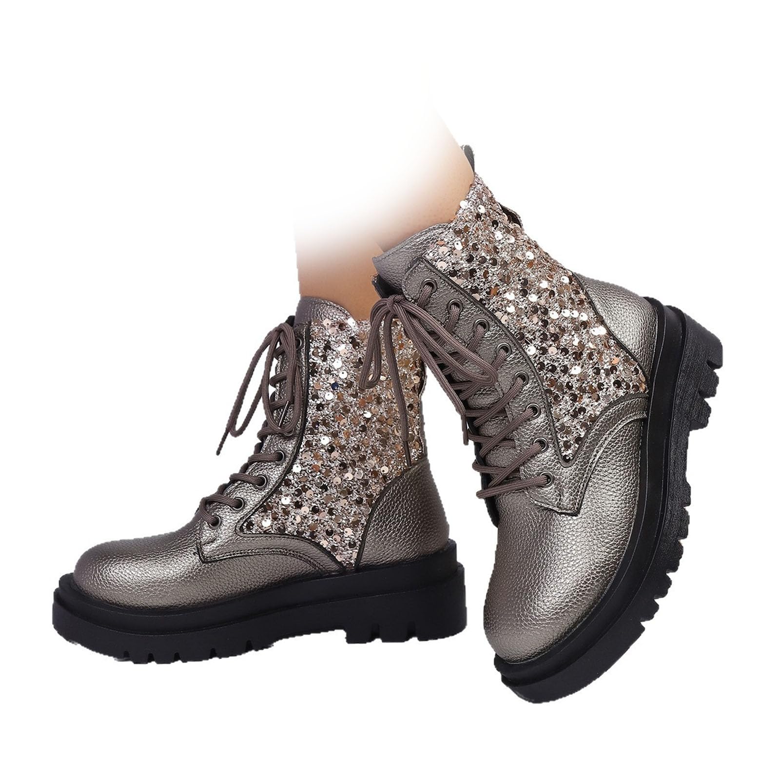 Womens Vintage Platform Orthopedic Ankle Boots Lace Up Glitter Sequin Combat Boots Thick Heel Sparkly Ankle Booties