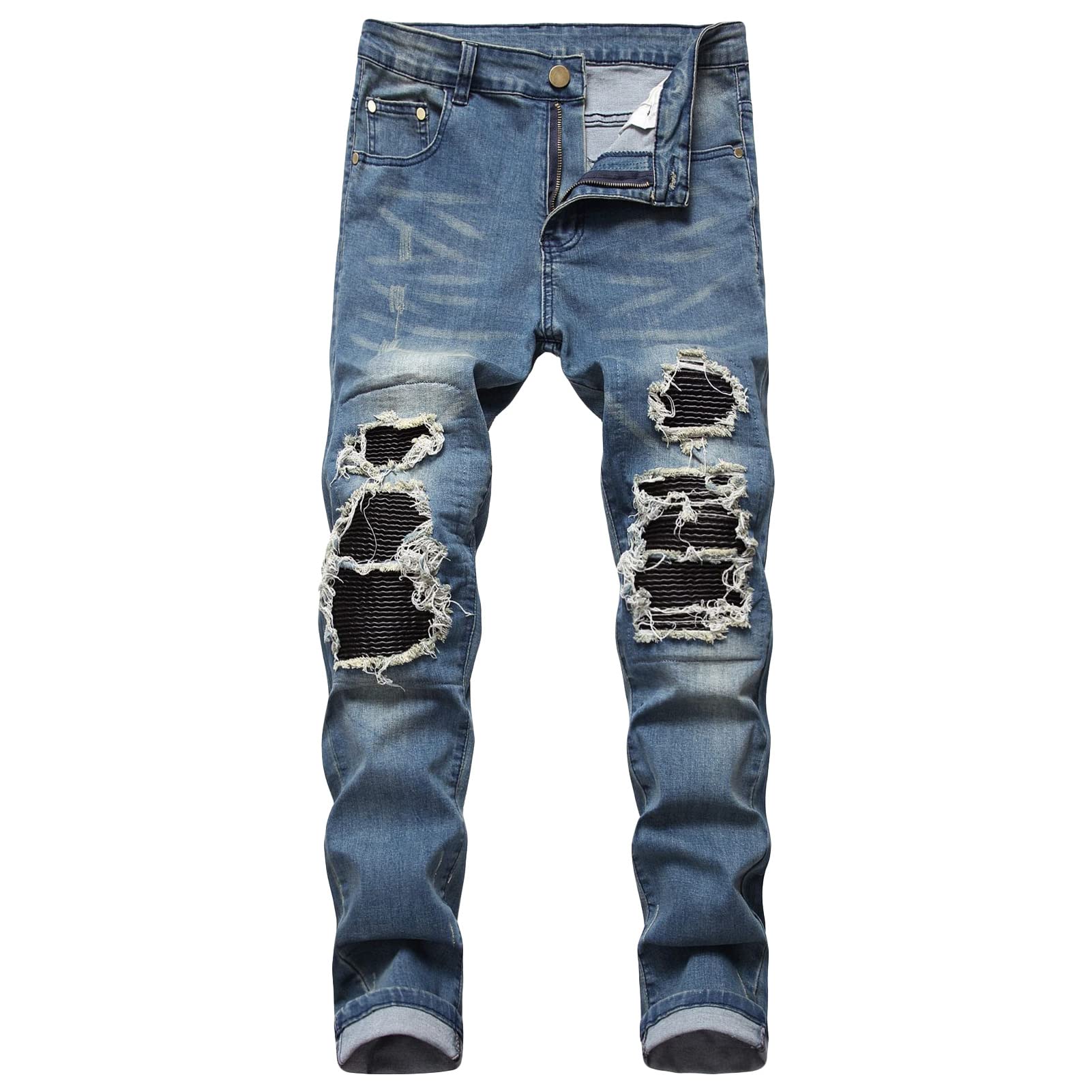Men's Ripped Stretch Skinny Jeans Slim Fit Hip Hop Distressed Denim Pants Vintage Destroyed Zipper Jean Trousers (Blue,29)
