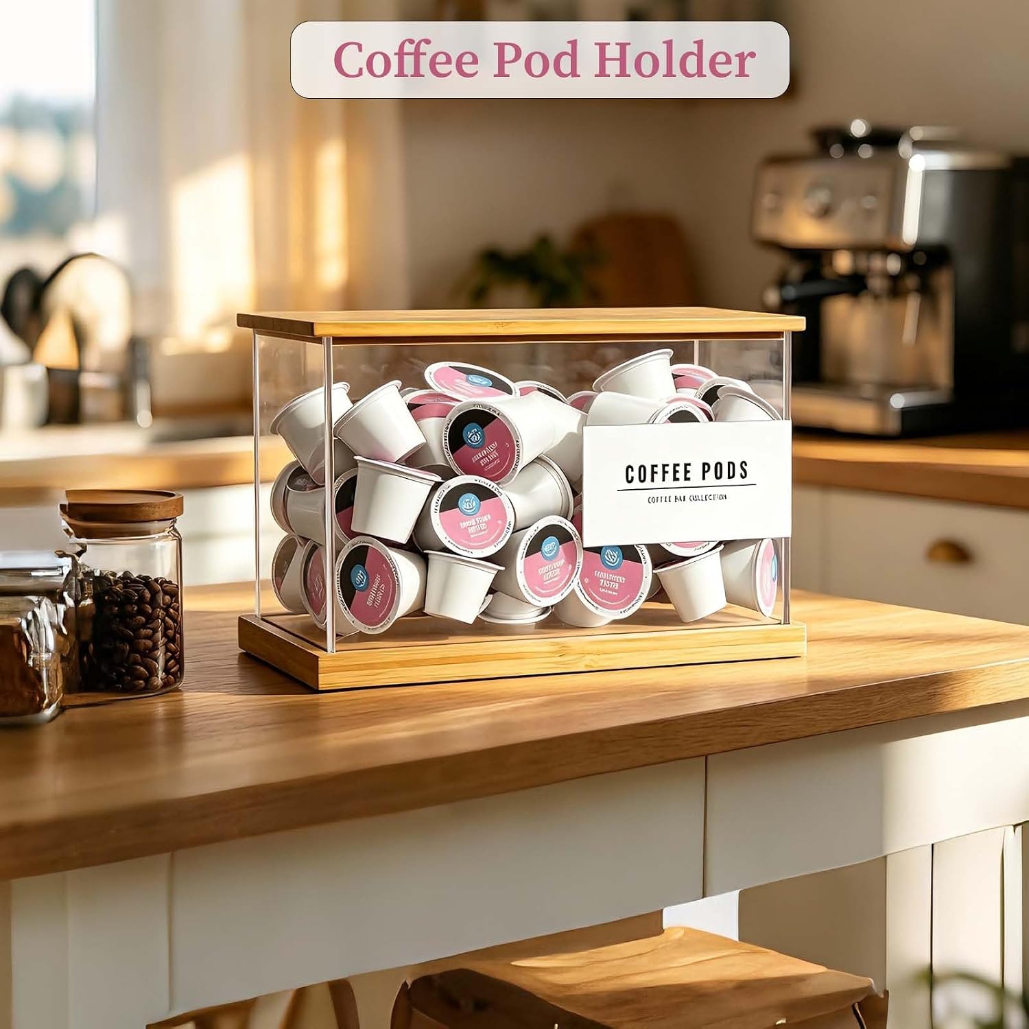 Coffee Pod Holder, Acrylic Coffee Pod Organizer with Bamboo Lid and Extra Labels, Large Capacity Coffee Pods Storage for Coffee Bar Kitchen Countertop Decor