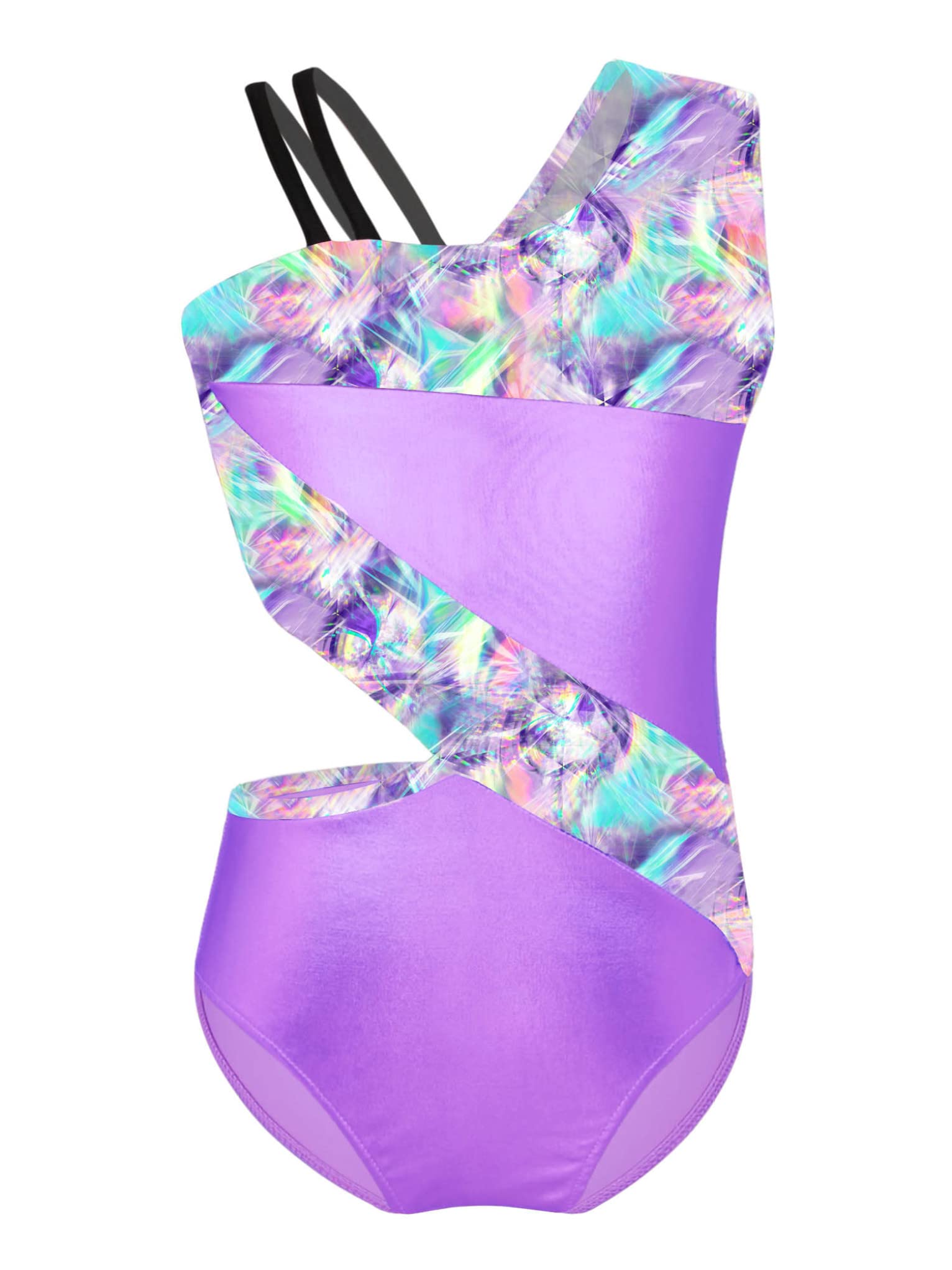 Mufeng Kids Girls Stylish Printed Patchwork Leotard Sleeveless Asymmetrical Shoulder Straps Dance Unitards Dancewear Light_Purple 8 Years