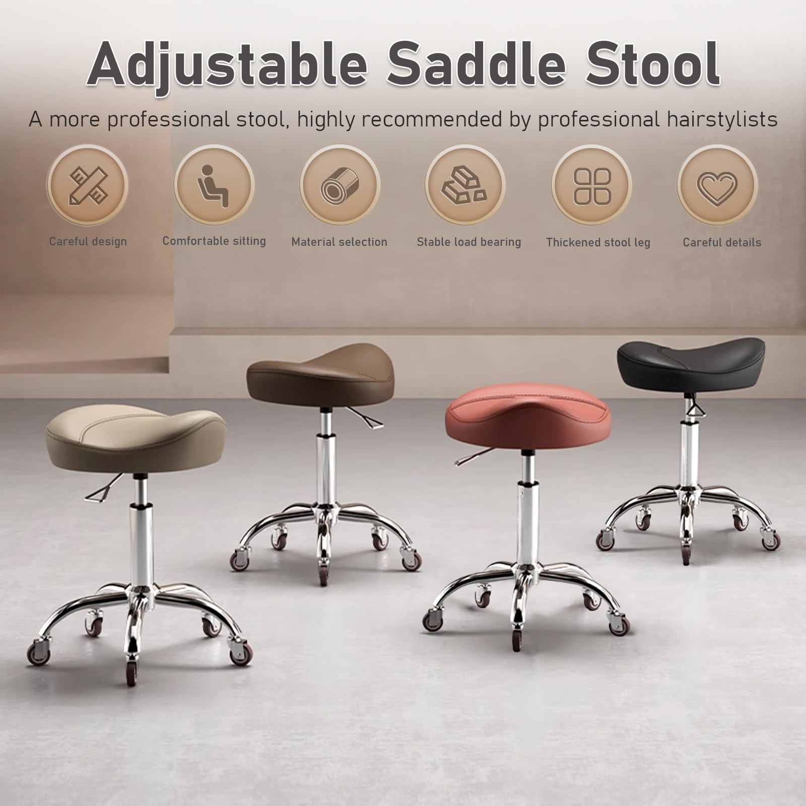 Taburetes con Ruedas de Peluqueria Profesional Altura Ajustable 40-58cm Silla de Montar Giratorio 360° para Trabajo, Estudio, Oficina, Clínica(Pink)