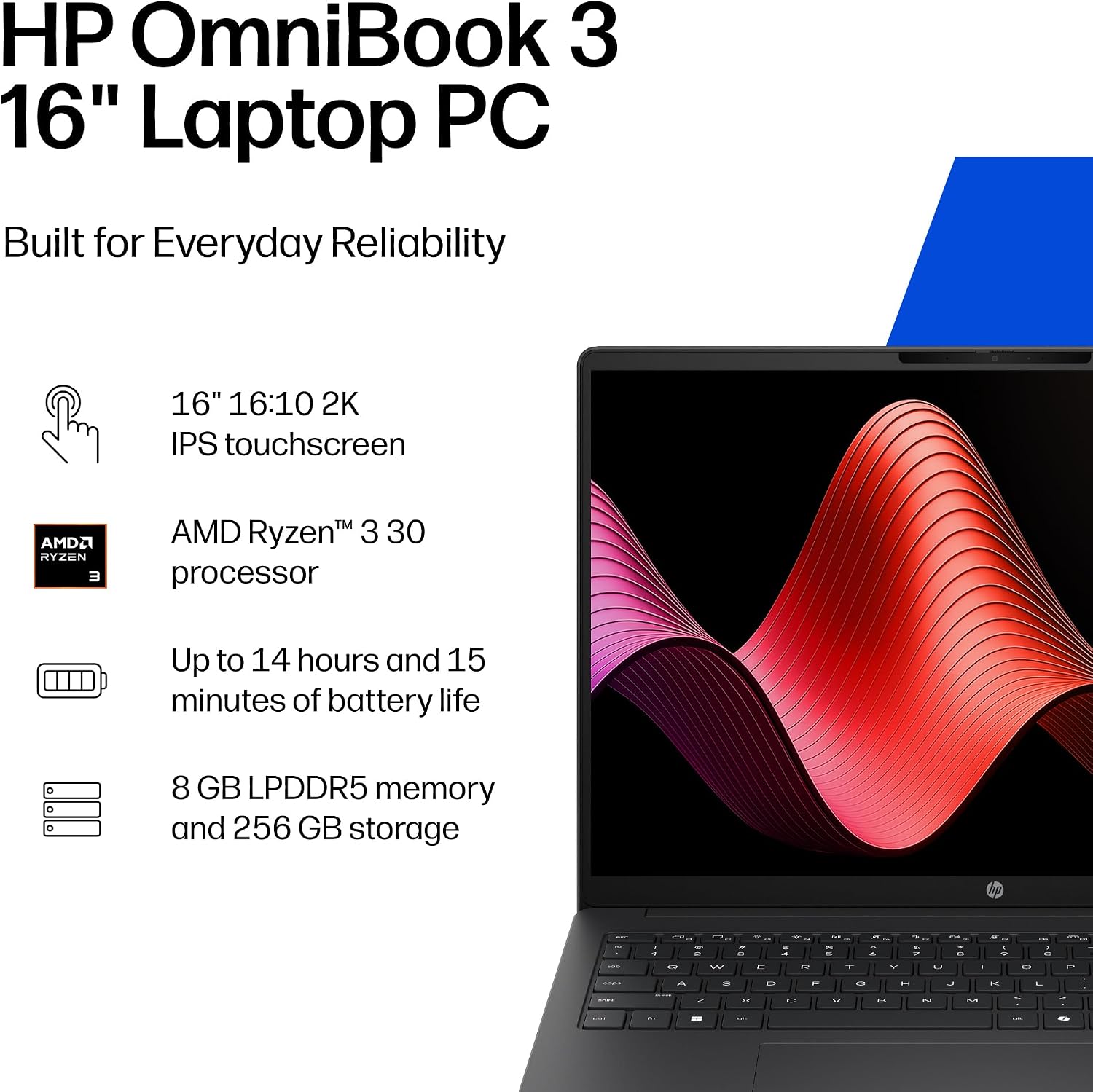 HP OmniBook 3 16 inch Laptop PC, 2K Touchscreen, AMD Ryzen 3 30, 8 GB RAM, 256 GB SSD, AMD Radeon 610M GPU, Windows 11 Home, Mica Silver, 16-by0199nr 3 71CYfrGQFmL. AC SL1500