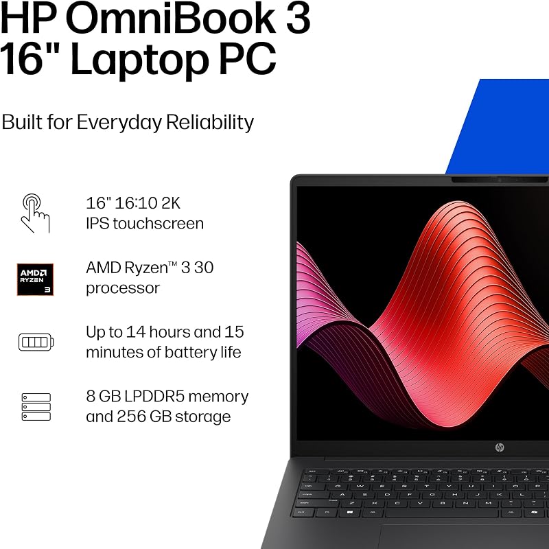 HP OmniBook 3 16 inch Laptop PC, 2K Touchscreen, AMD Ryzen 3 30, 8 GB RAM, 256 GB SSD, AMD Radeon 610M GPU, Windows 11 Home, Mica Silver, 16-by0199nr image 2