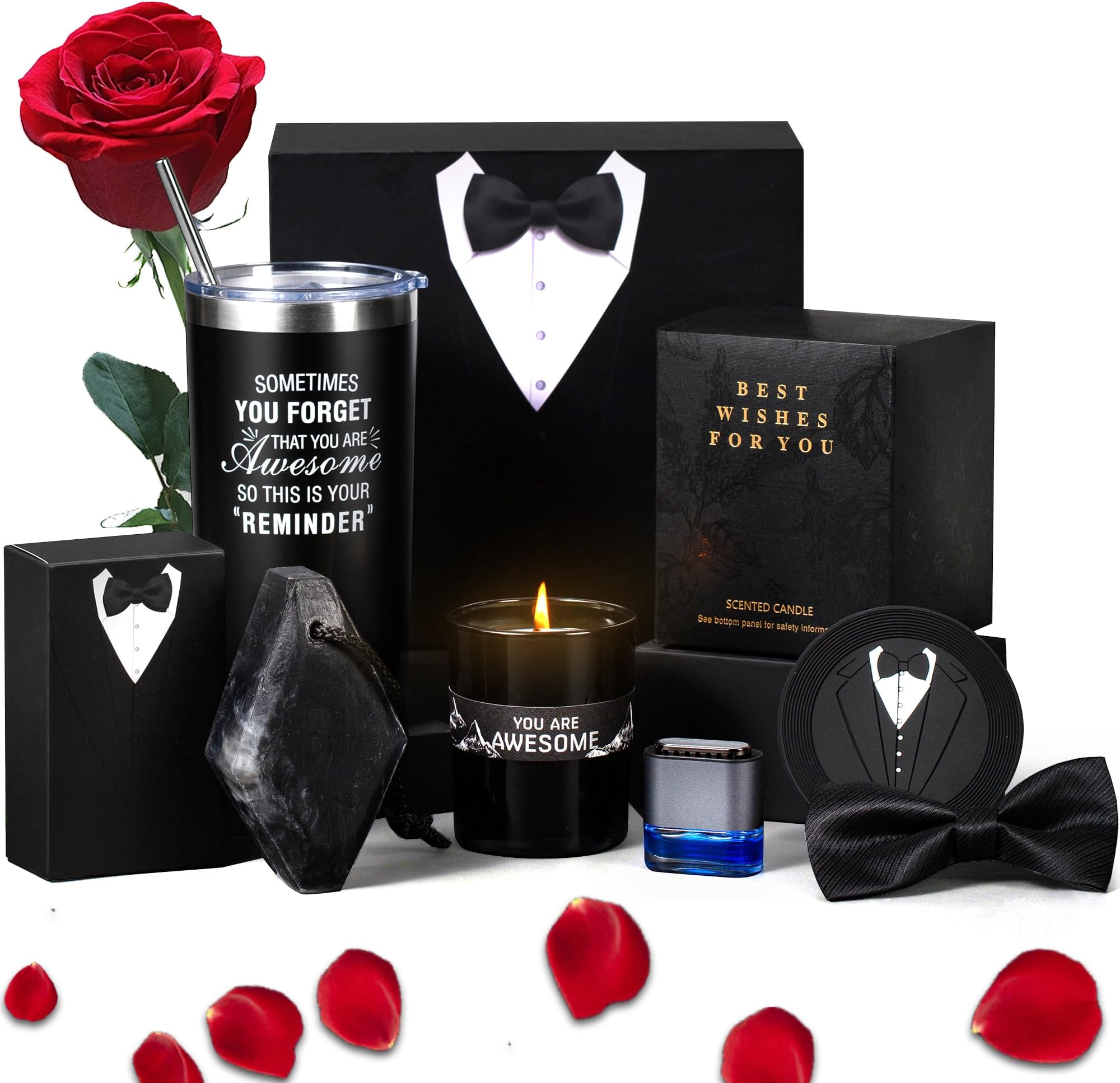 PVUELE Gifts for Men - Birthday, Anniversary, Wedding, Retirement, Graduation Gift Sets Basket for Him Who Has Everything - Includes Tumbler and Candles