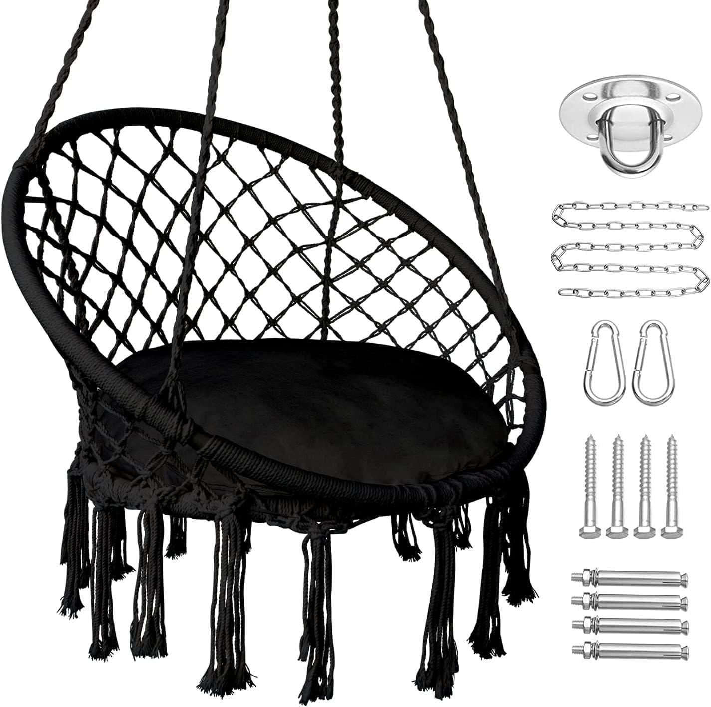 Hanging Swinging Chair, Macrame Hammock Hanging Swinging Chairs with Soft Cushions and Hardware Accessories, Hanging Chair for Indoor and Outdoor Use, 3 Installation Methods, Beige (1, Black)