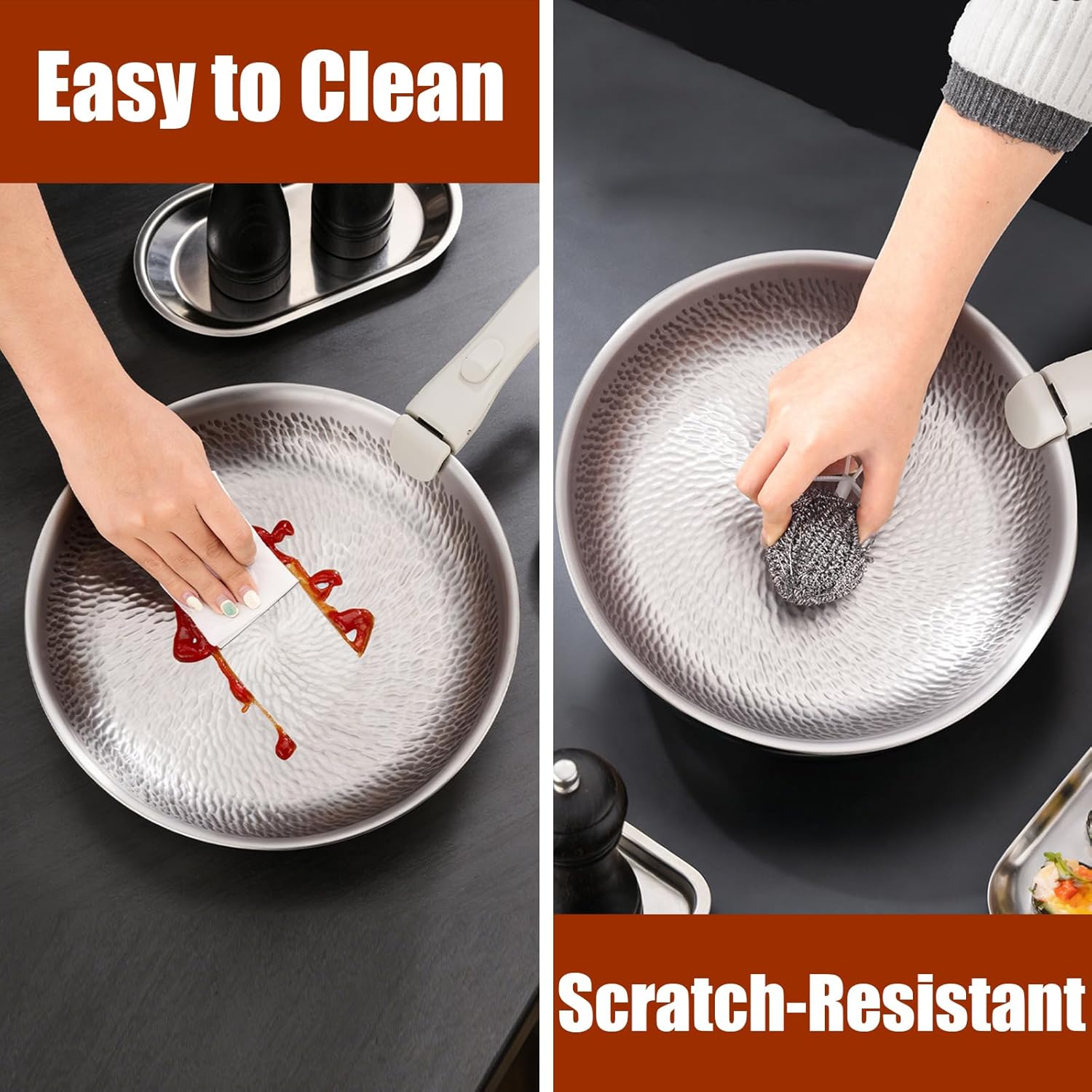 Titanium Hammered Pan, Upgrade Non Stick Pure Titanium Pans for Cooking, Ultra-Durable, Scratch-Resistant, Even Heating Frying Pans, Compatible with All Cooktops,10.24IN