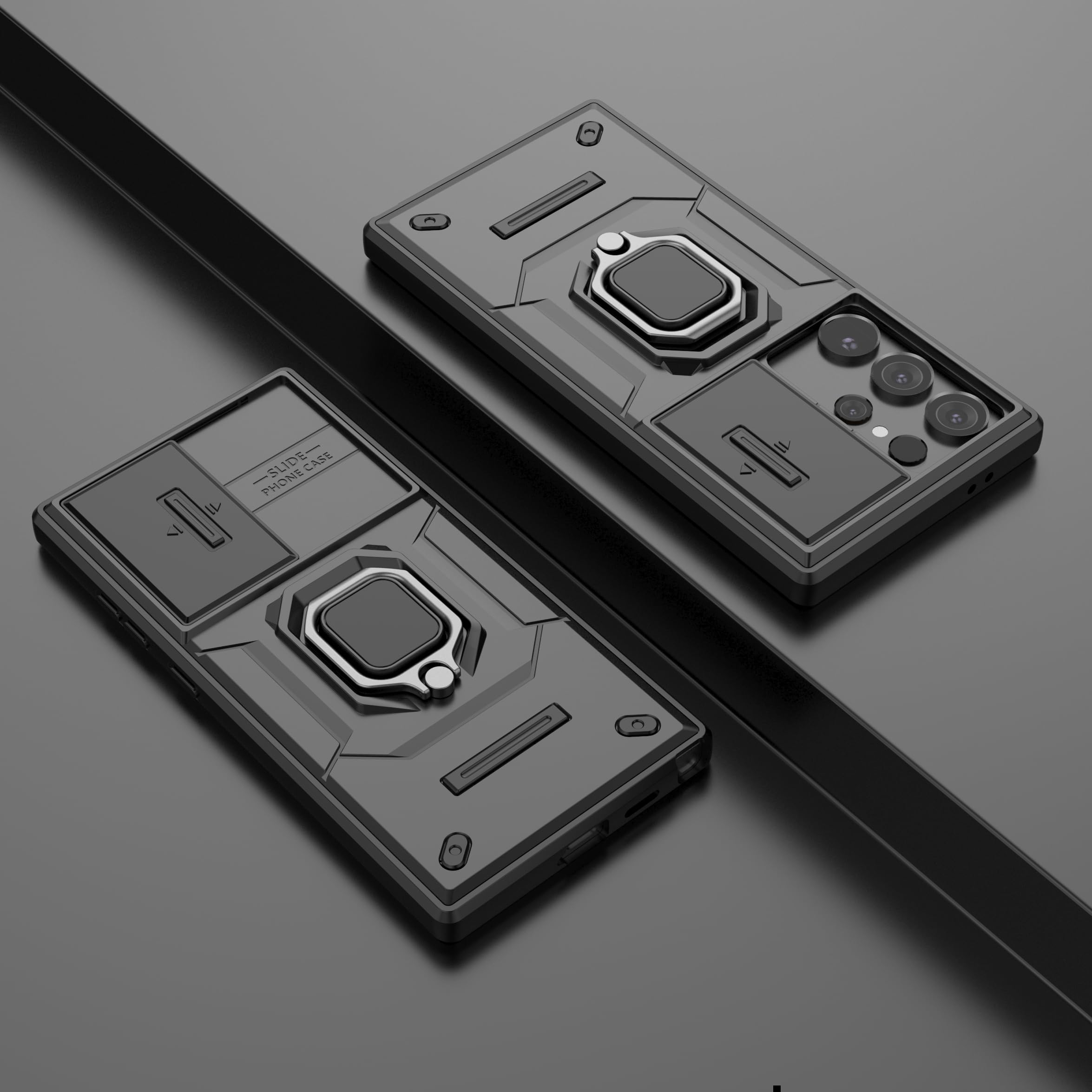 SORAKA Case for Samsung Galaxy S24 Ultra with Ring Holder and Slide Camera Cover Samsung Galaxy S24 Ultra Case with Metal Plate for Magnetic Car Mount Double-Layer Protective case in PC and TPU Black