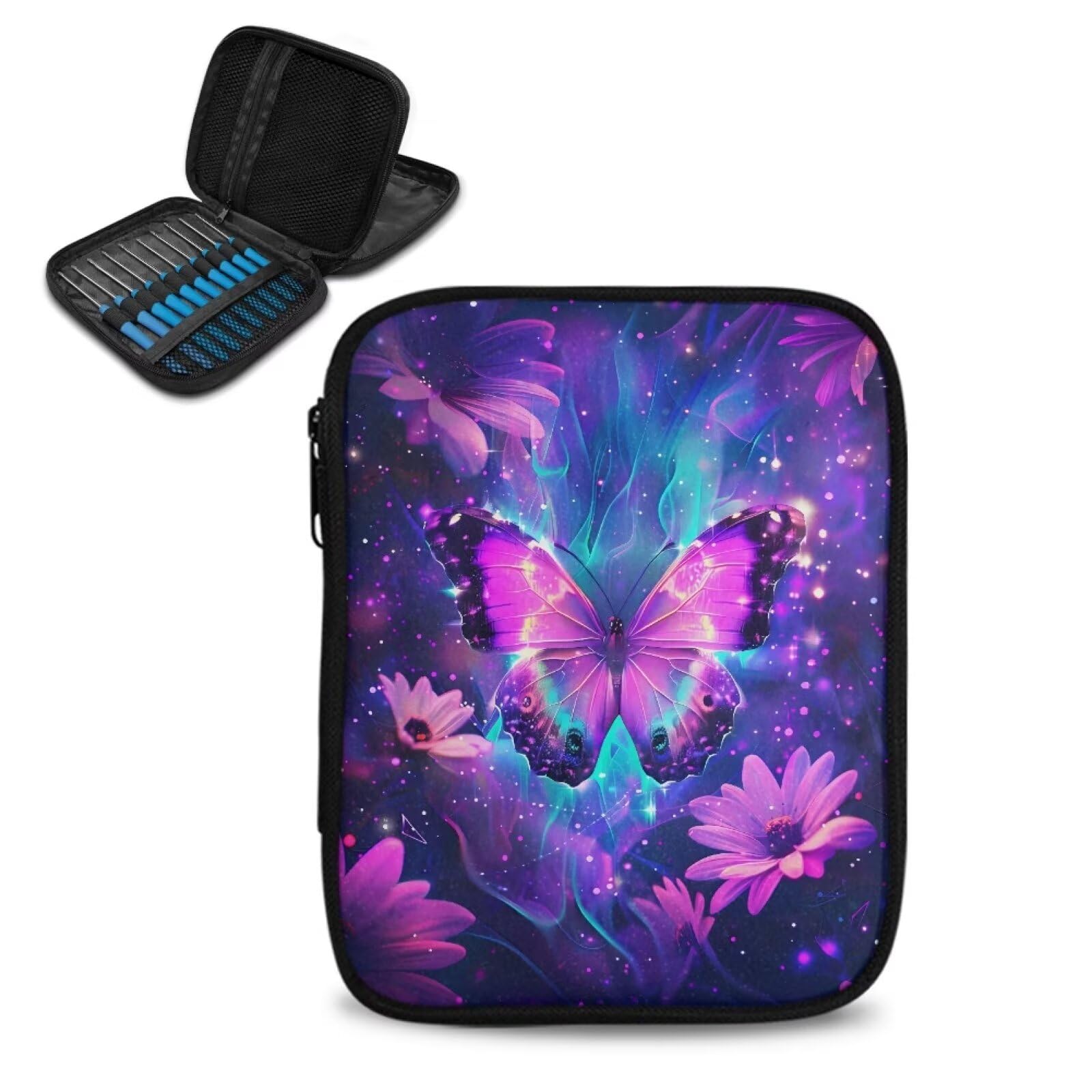 Purple Butterfly Crochet Hook Case Portable Floral Crochet Storage Organizer with Web Pockets for Hooks, Knitting Needles,Knitting Supplies
