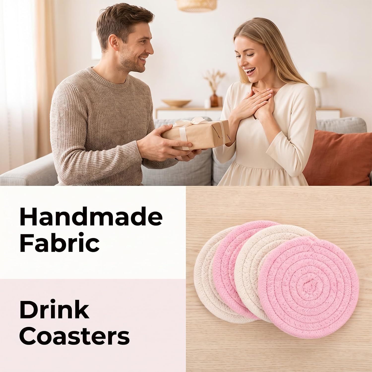 4Pcs Cute Coaster, Pink Cotton Handmade Coasters for Drinks