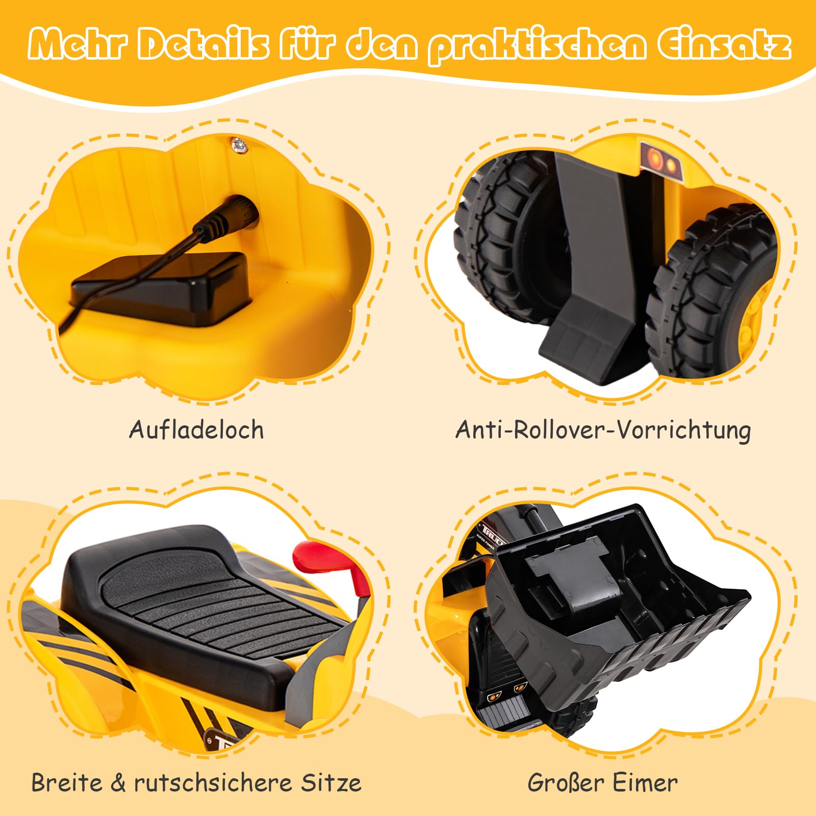DREAMADE Bagger zum draufsitzen, Elektro Sitzbagger mit Internem Stauraum, Kinderbagger mit Basketballkorb & Sound-Tasten & 3 Bällen, Sandbagger Aufsitzbagger für Kinder ab 2 Jahren