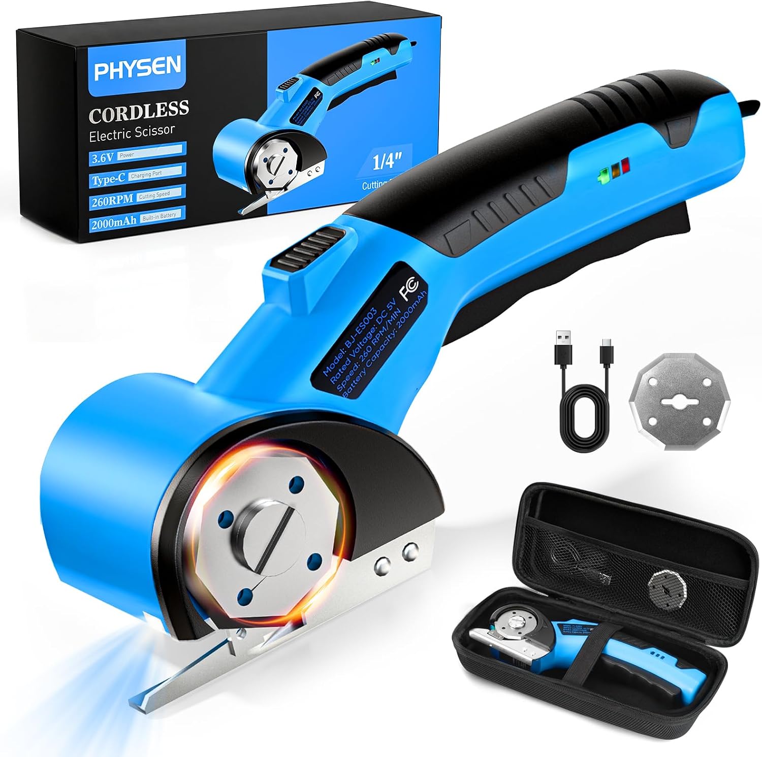 2000mAh Electric Box Cutter for Cardboard with 2 Blades, Cordless Electric Scissors with Safety Lock, Card Board Cutter with LED Light, for Carpet Fabric Carton Leather, 260 RPM