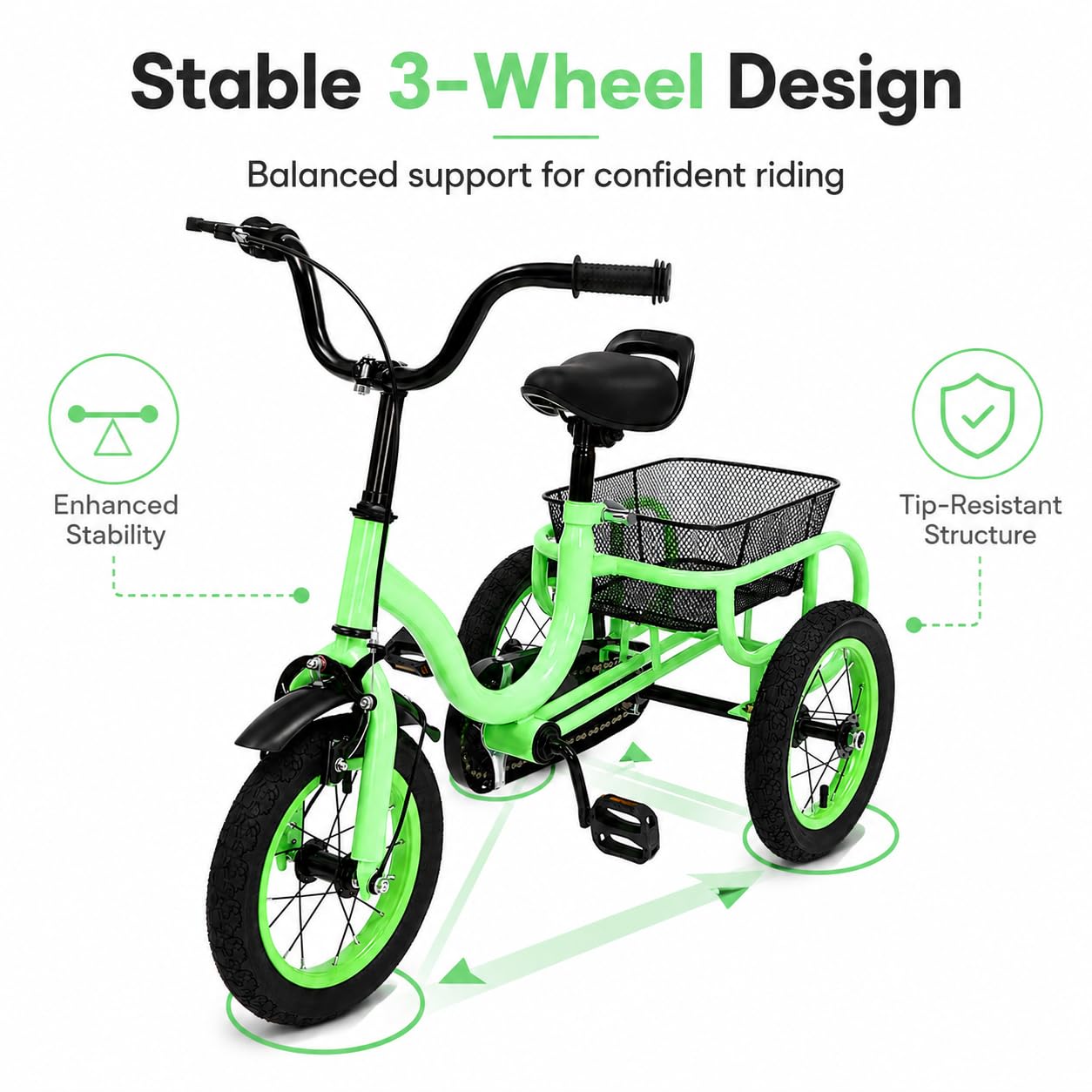 Triciclo infantil de 12 pulgadas, bicicleta infantil con engranaje de entrada, triciclo de carga hasta 25 kg, patinete infantil con pedales antideslizantes, estructura estable para triciclos, para