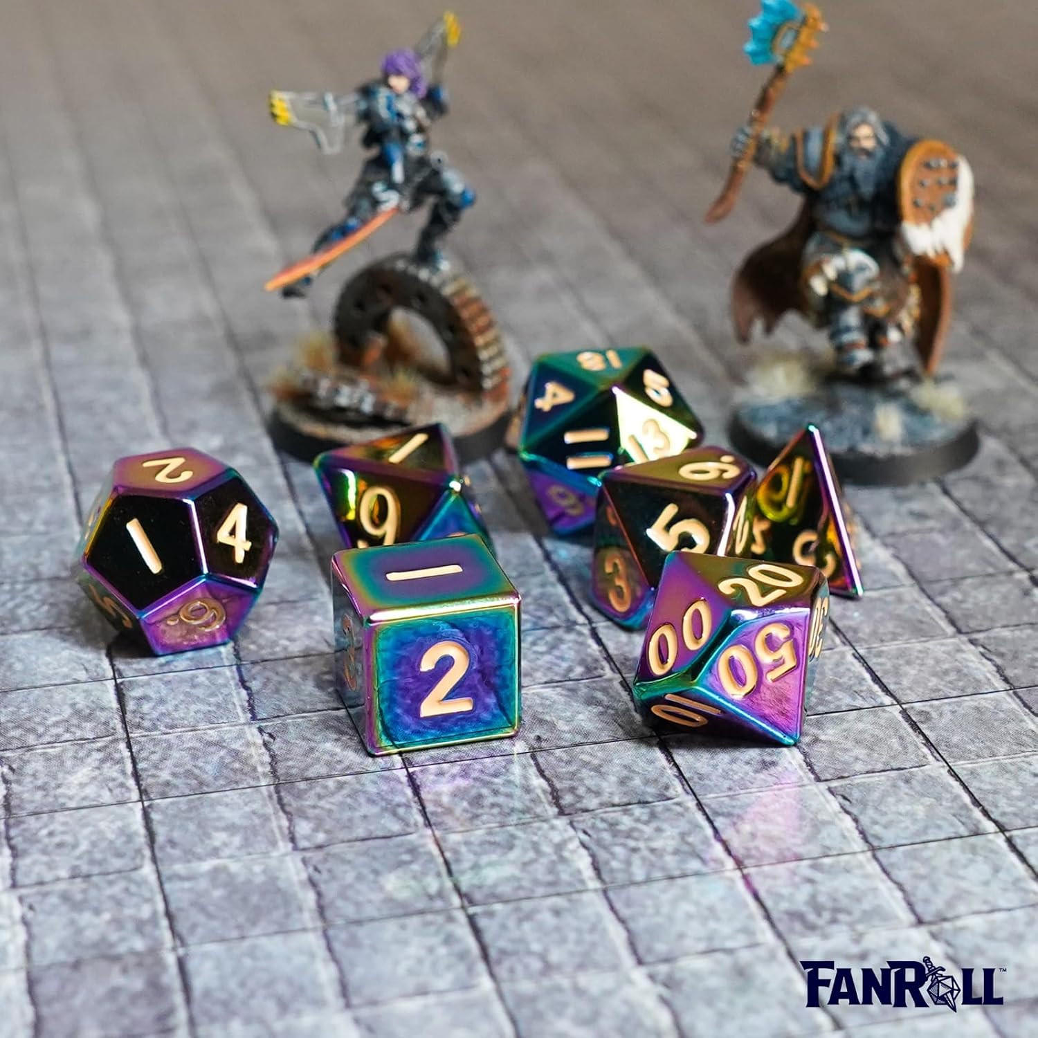FanRoll 16mm Metal Polyhedral DND Dice Set: Torched Rainbow, Role Playing Game Dice for Dungeons and Dragons