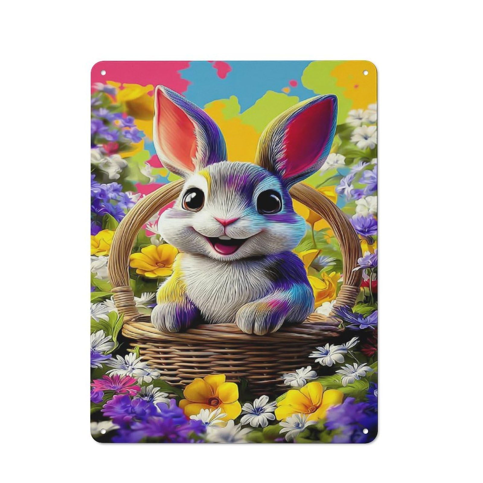 Junmoney Colorful Bunny Basket Metal Wall Sign 40X30cm Featuring For Garage Wall, For Themed Room Decoration, For Living Room And Hallway Decor