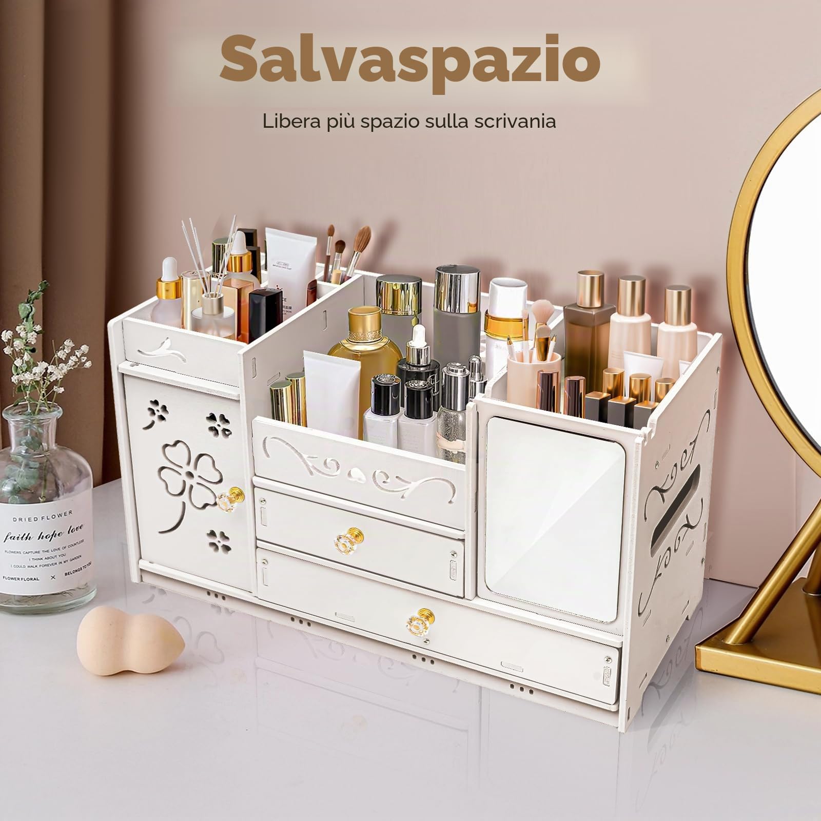 Organizer per trucchi, contenitore per cosmetici, con 2 cassetti e specchi, per trucchi, per cosmetici