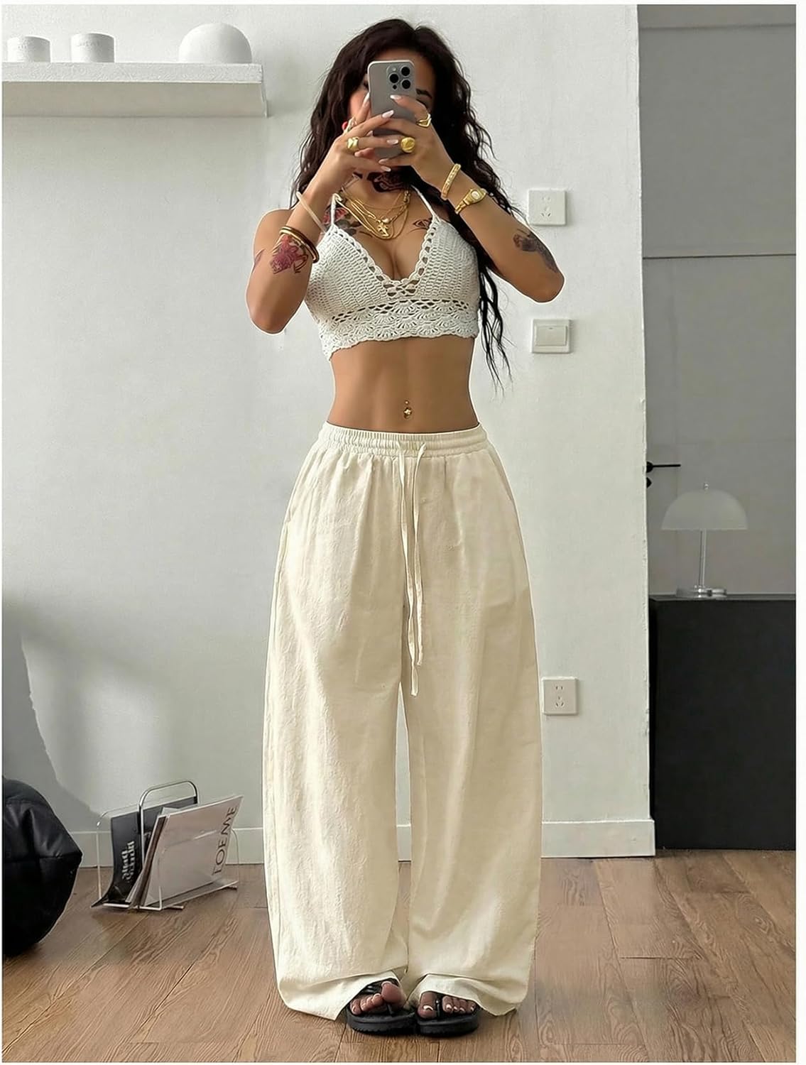 Women's Boho Wide Leg Linen Pants Drawstring Waist Casual Loose Trousers Vacation Outfits - Image 5