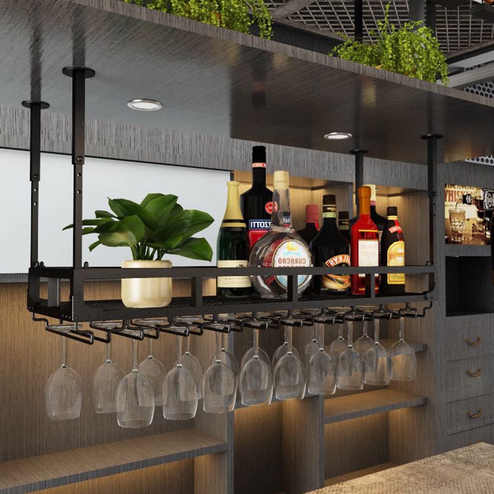 Soporte para botellas de vino para colgar en el techo, organizador de copas de vino de metal con diseño ajustable, acabado negro mate para almacenamiento en el hogar, bar o cocina