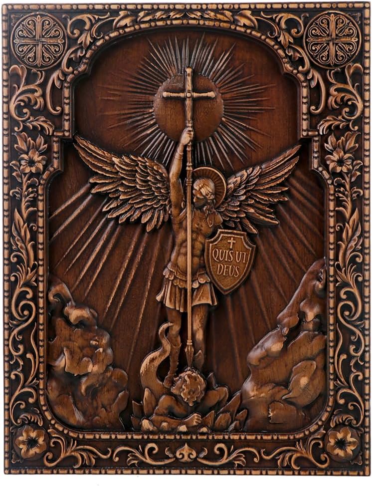 QIADGE Archangel Michael in the Cross Wall Hanging Wooden Carved Home Decor Plaque Personalized Crafts Christian Gift Idea (13.7 * 10.7 in)
