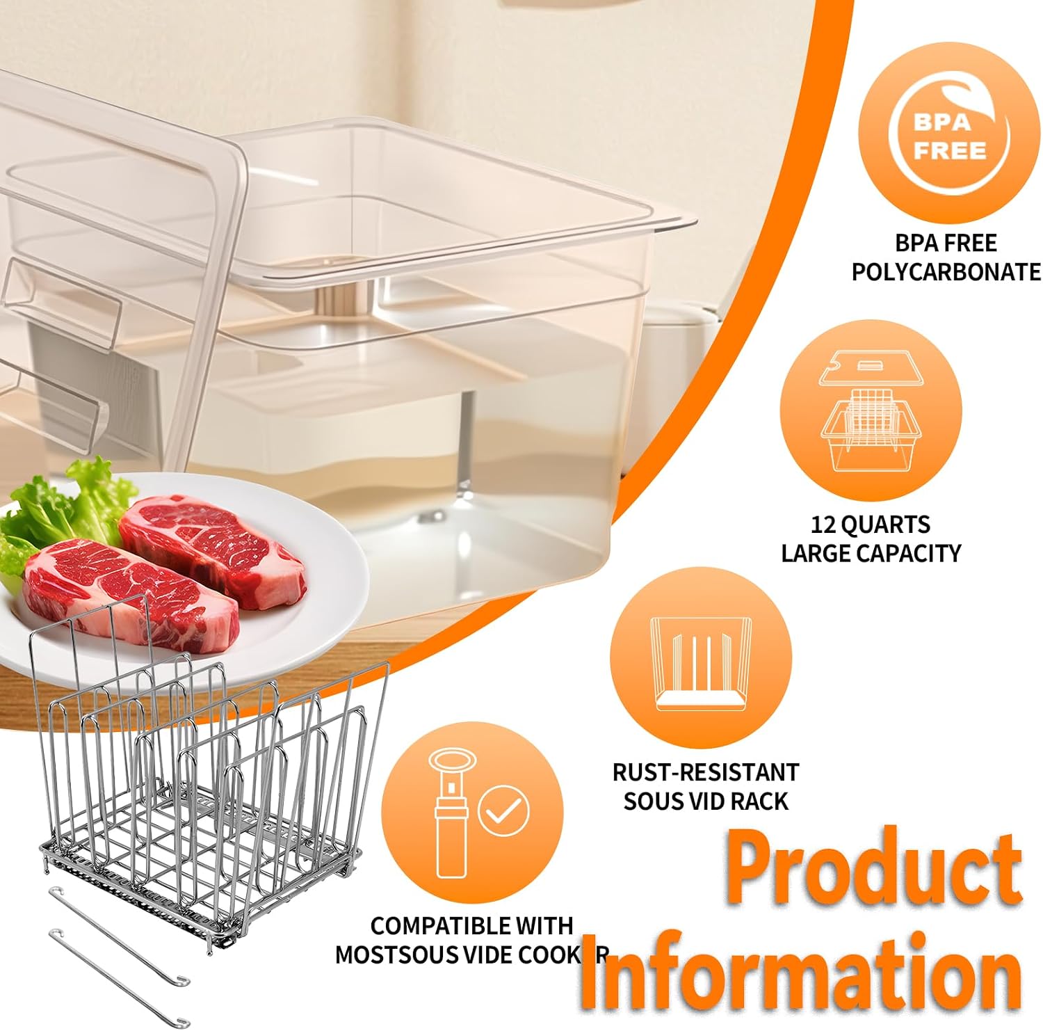 12 Quart Sous Vide Containers with Lid & Rack Compatible with Wancle Anova Nano AN500-US00 Pro 3.0 Mini Joule,most Instant Pot Sous Vide Cooker,BPA Free (Container with lid and rack, 12 QT)