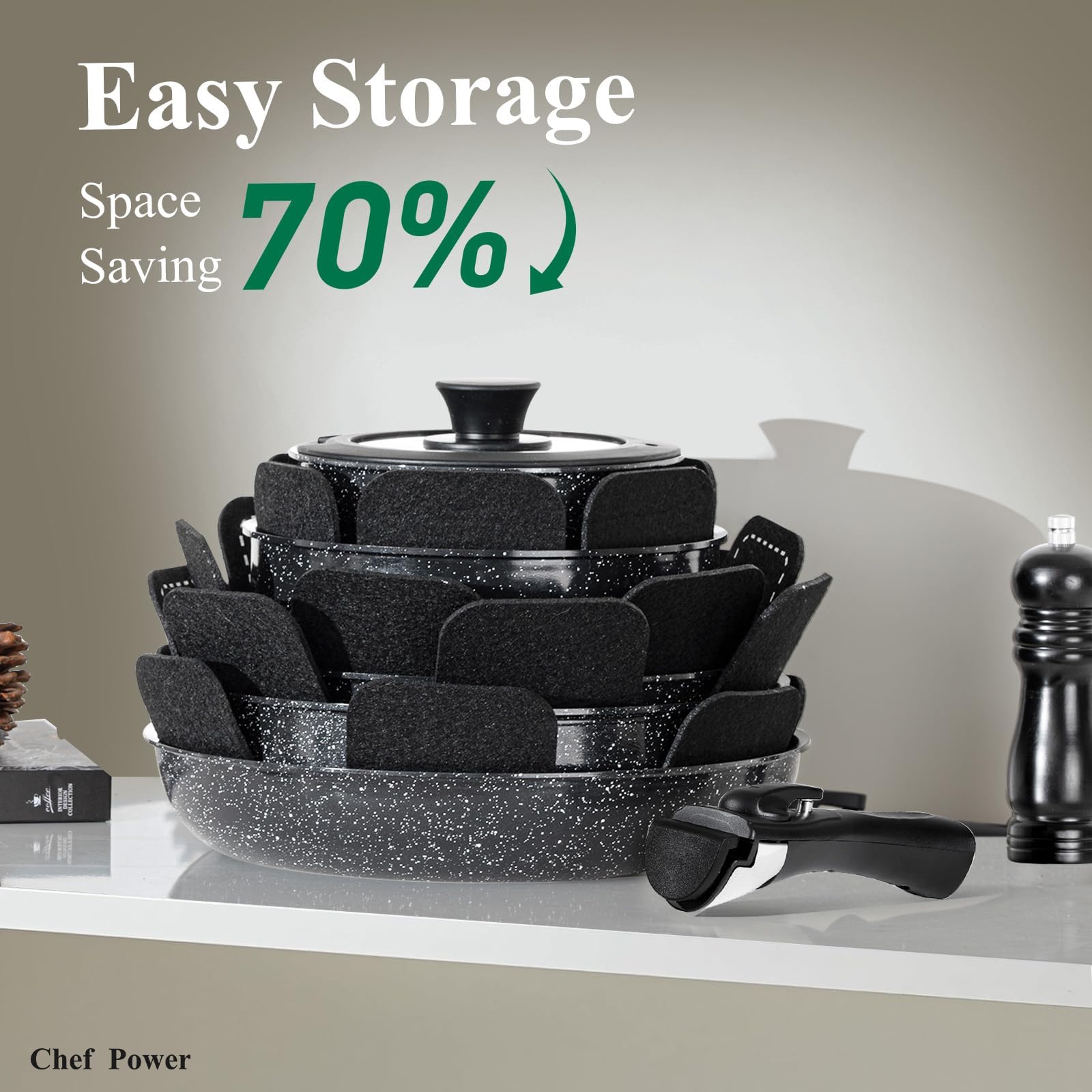 Set Pentole Chef Power Antiaderenti In Ceramica Con Manico Staccabile – 5 Pezzi Per Camper E Induzione, Bianco Crema, Lavabili In Lavastoviglie - 3