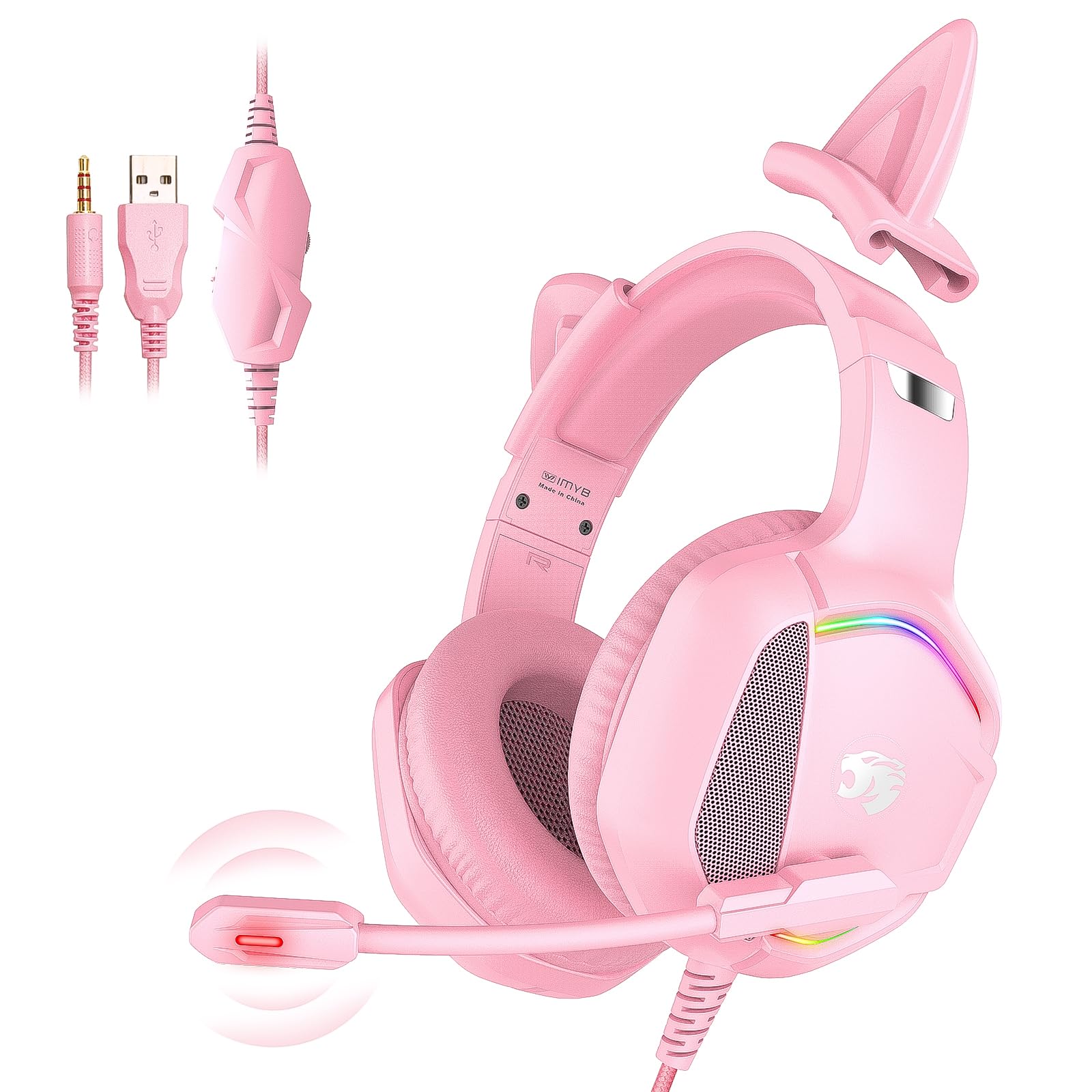 IMYB Gaming Headset mit Katzenohren abnehmbaren, RGB-Licht, Stereo Surround Noise Cancelling, Mikrofon für PC, PS4, PS5, Xbox One X/S, Mac, Laptop (Rosa)