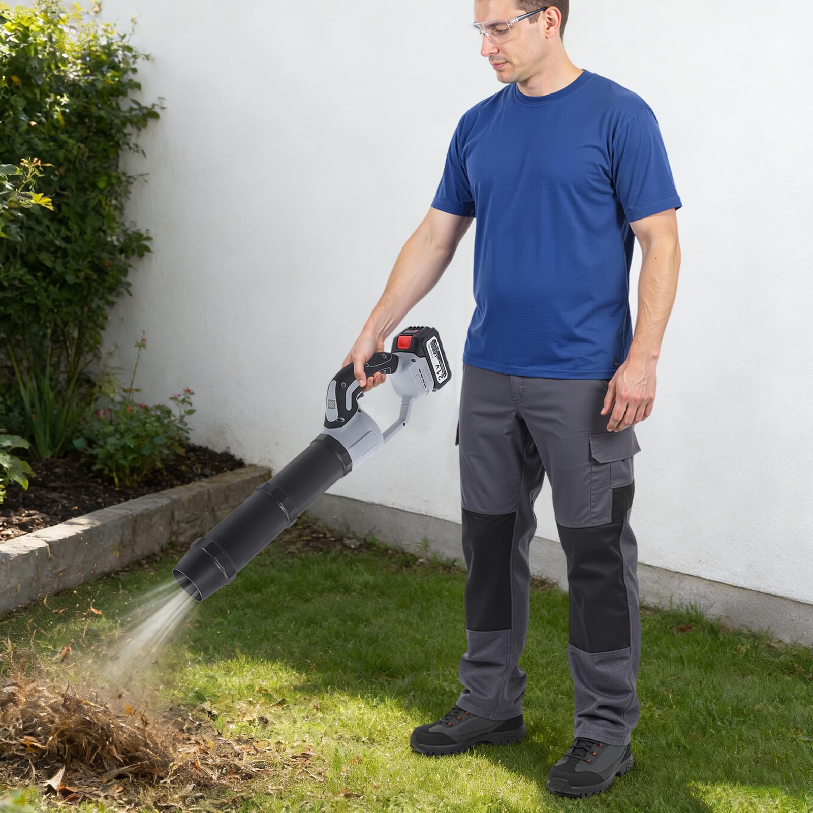 Soffiatore a batteria da 21 V con motore a spazzole, spina UE, velocità del vento 50 m/s, soffiatore in plastica in nero e grigio, assemblabile, per foglie, polvere, acqua e neve sottile, ideale per