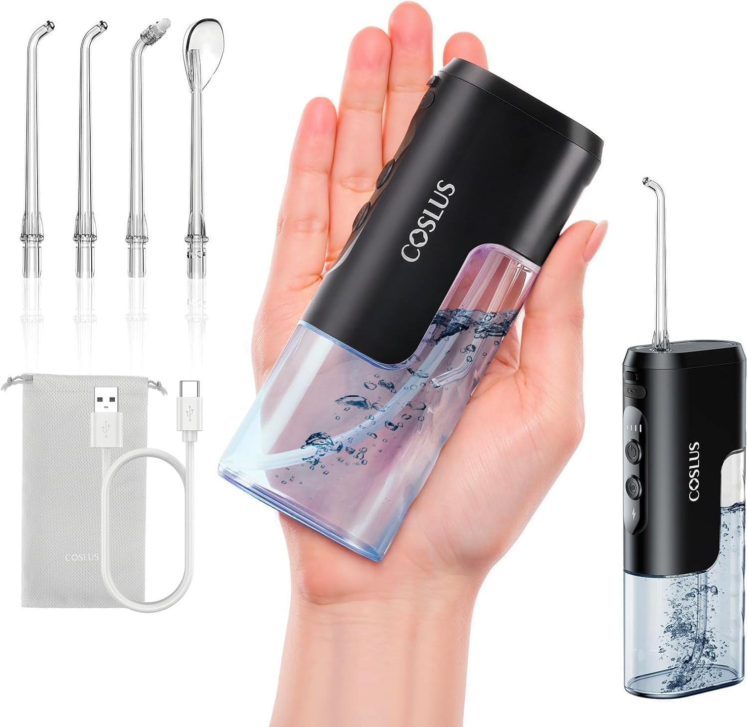 COSLUS T40 Irrigador Dental Portatil Bucal Mini: Diseño Compacto e Inalámbrico, 4 Modos, Depósito ExtraÃble, IPX7 Impermeable para Ortodoncia, Dientes Sensibles, Uso en Movimiento,Negro Brillante Global Recycled Standard Global Recycled Standard Global Recycled Standard