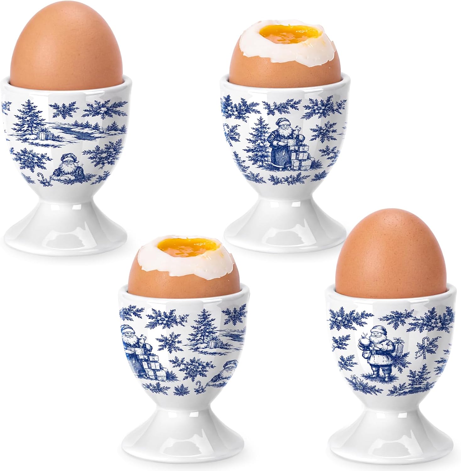 Reallnaive 4 Pcs Santa Claus Ceramic Egg Cups Blue White Eggs Holder