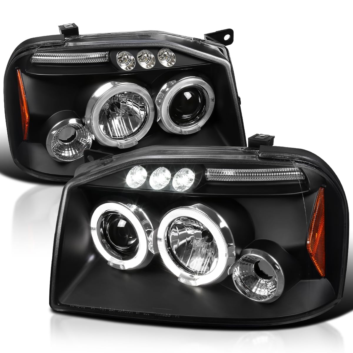 Spec-D Tuning Projector Headlights Black W/LED Halo Compatible with 2001-2004 Nissan Frontier, Left + Right Pair Headlamps Assembly