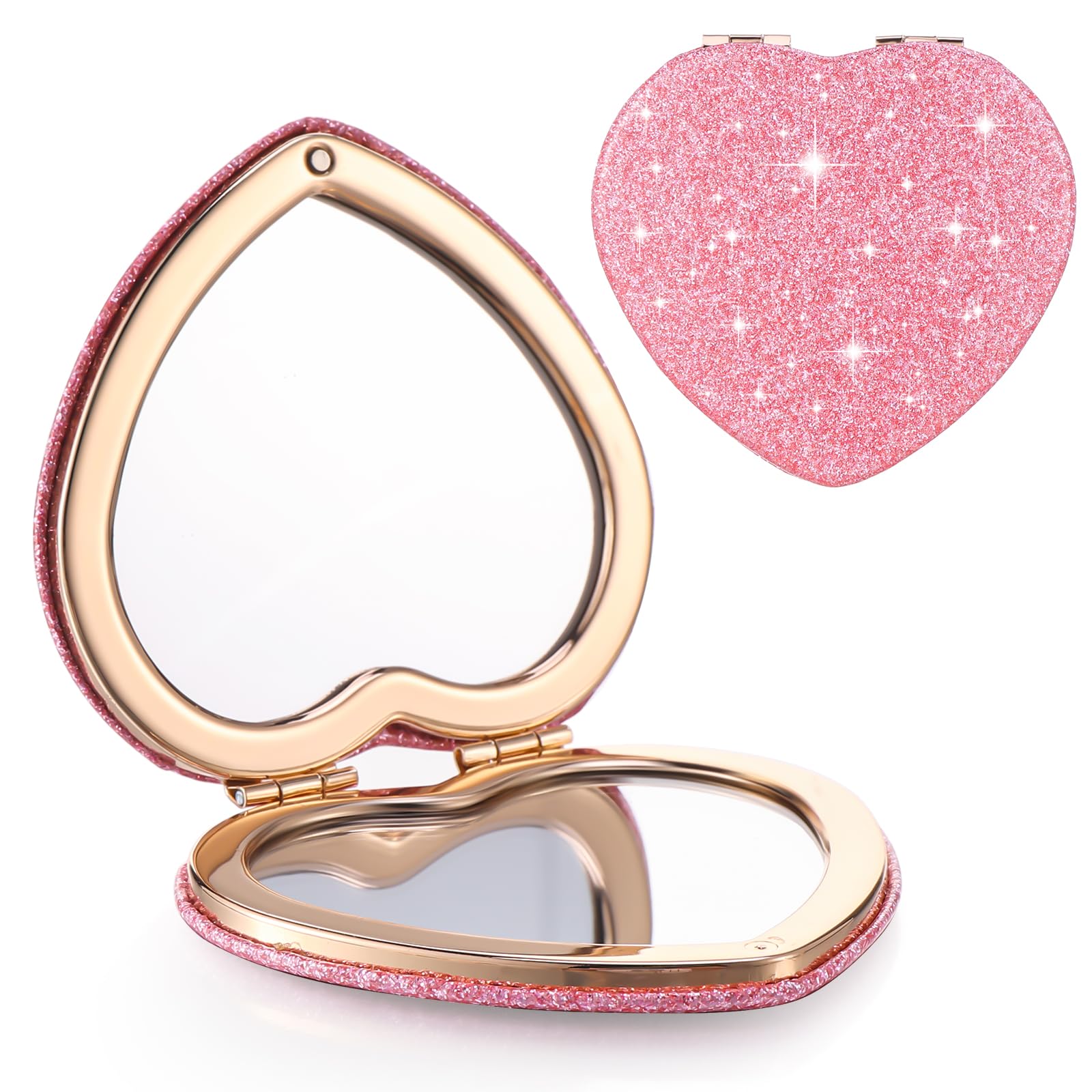 Bremorou Heart-Shaped Double-Sided 1x/2x Magnifying Mini Compact Mirror, Gold, 2.93x2.75 inches