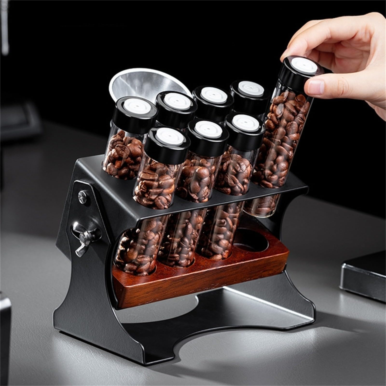 Kaffeebohnen Aufbewahrungsstnder Mit 8 Glasrhren, Einweg-Auslassventil Für Frische, Massivholz-Basis, Inkl. für trichter, Luftdichtes Organizer-Display Für Küche Und Bar, Schwarz
