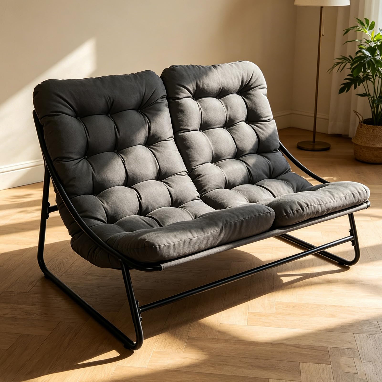 Gartenliege 2 Personen Metall, Doppelliege Outdoor 2 Personen mit Dicker Abnehmbares Gepolsterter, Belastbarkeit bis 225kg, Relaxliege für Garten, Wohnzimmer, Terrasse (Schwarz)