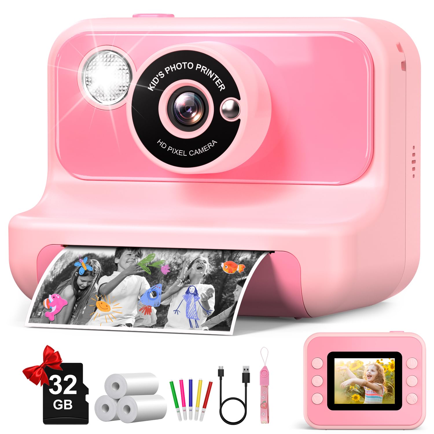 Kids Camera Instant Print, Kids Camera 1080P HD Video Digital Camera, Christmas Birthday Gifts for Girls and Boys, Toddler Toy for 3-12 Years Old