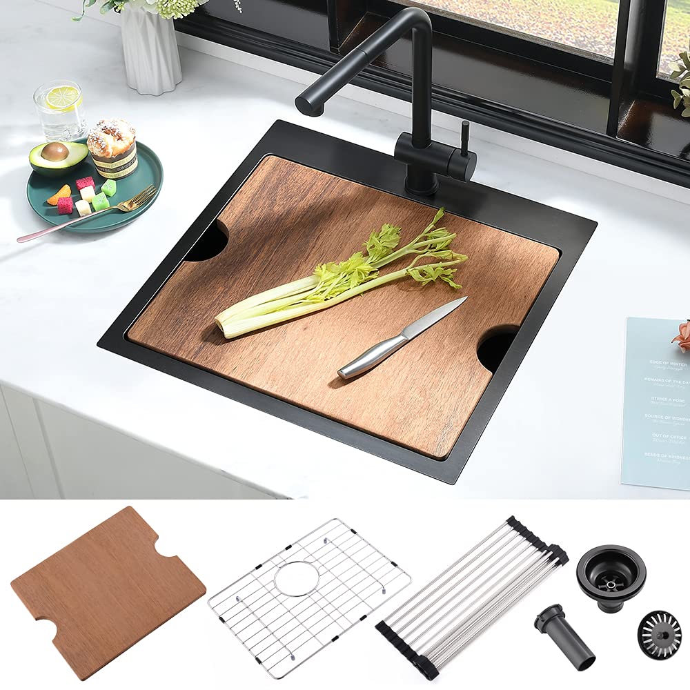 Photo 1 of 21 Black Bar Sink Drop In Kitchen Sink - iAnomla 21 x 20 inch Workstation Drop-in Topmount Black Stainless Steel Bar Prep RV Sink 16 Gauge Matte Black Stainless Steel Kitchen Sink with Cutting BoardLPNPMAC0867125
