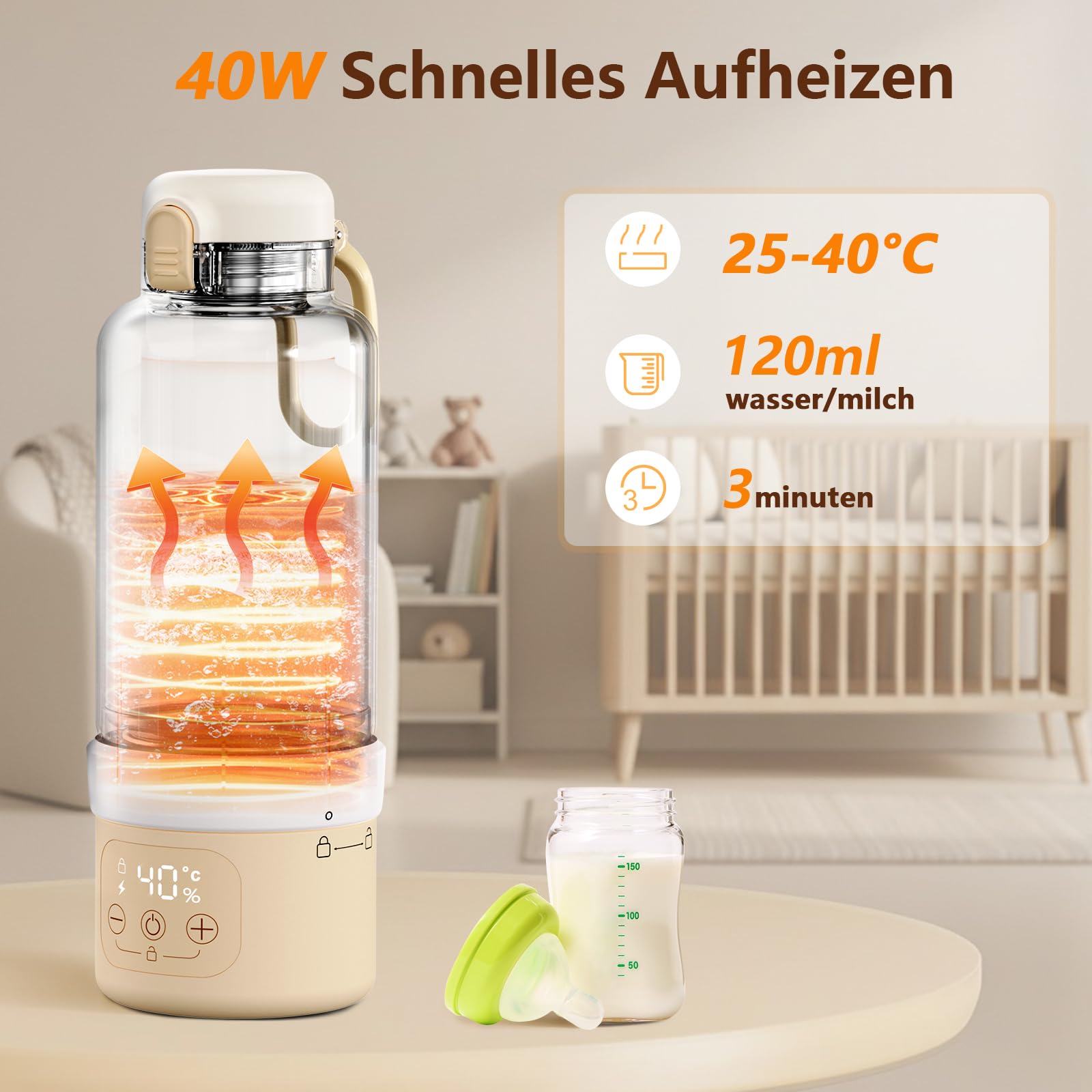 Tragbarer Flaschenwärmer Baby, 500ml Kapazität Flaschenwärmer Baby Unterwegs, Erwärmt Wasser Oder Milch, Schnelles Aufheizen, Flaschenwärmer für Daheim/Reise