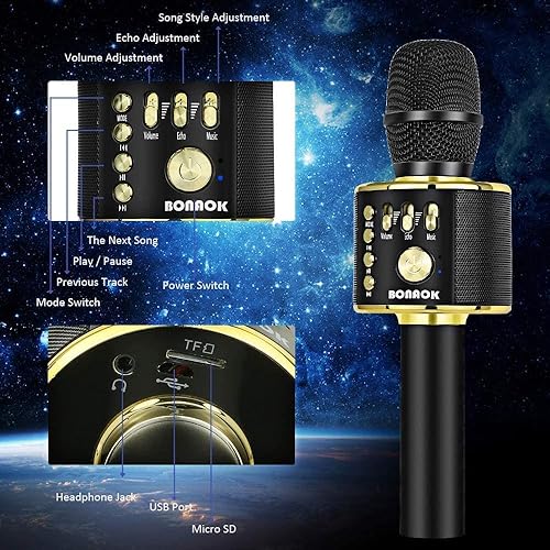 Miniatura 69 de BONAOK Micrófono de karaoke para niños, micrófono inalámbrico Bluetooth para cantar, regalo para niños, adultos, niñas, niños, juguetes de Navidad