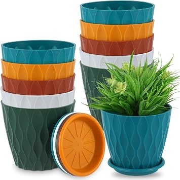 Suclain 10 Pack 6 Inch Plant Pots with Drainage Hole, Tray, Wave