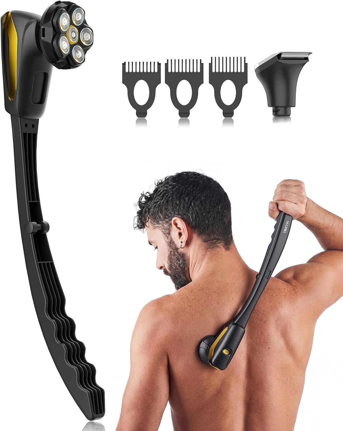 Back Shaver for Men: Long-Reach Foldable Handle Electric Back Razor for Men with 6D Smooth & Safe Shaving - 2-in-1 Waterproof Full Body Hair Trimmer & Groomer Kit, Birthday Gift for Men Him (Black)