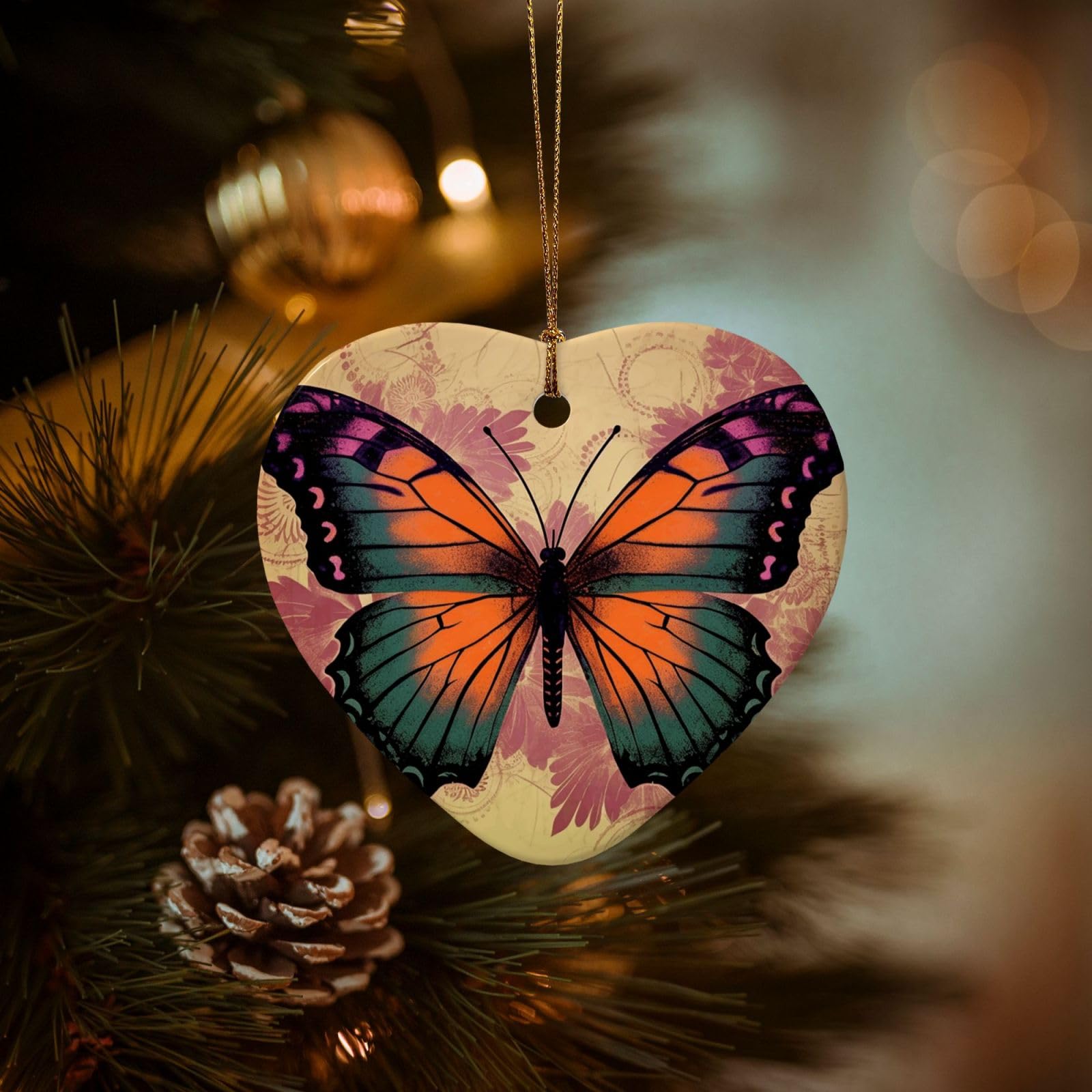 Christmas Tree Ornaments Ceramics Christmas Decorations Vintage Butterfly Ornaments with Gold Ribbon Porcelain Xmas Tree Crafts Heart Shape Hanging Pendant for Christmas Tree Party Decor